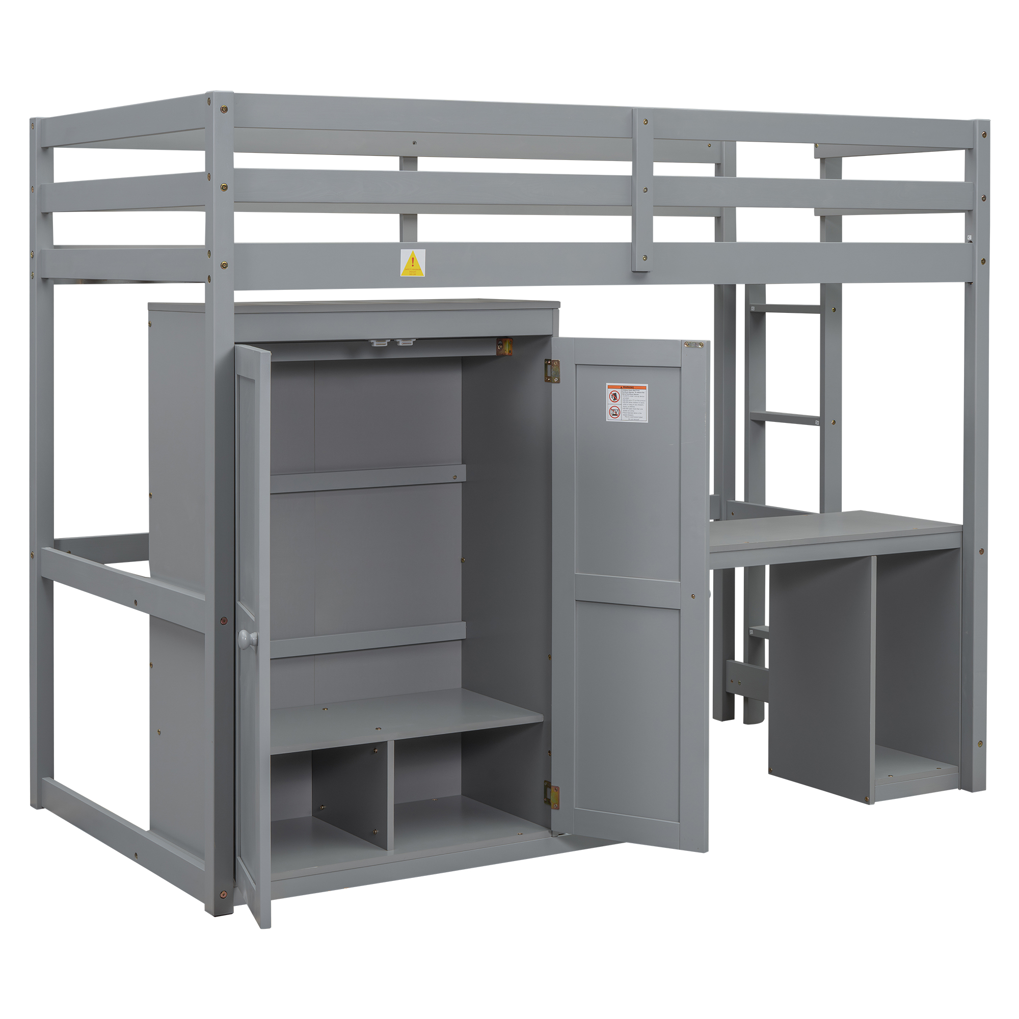 Full/Twin Size Loft Bed with Wardrobe, Desk and Storage Drawers, Gray/White