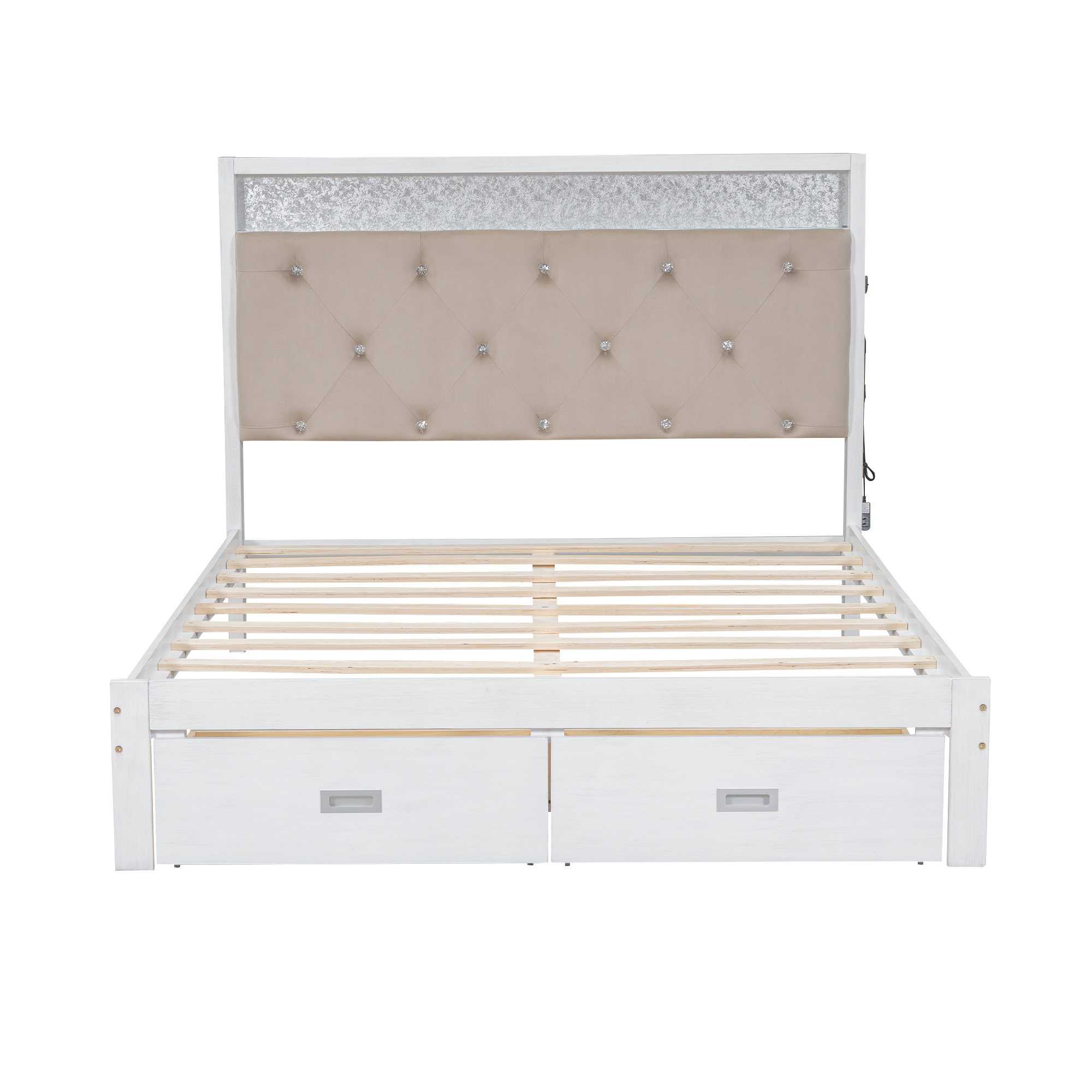 Wood Queen/Full Size Platform Bed with Upholstered Headboard and LED and 2 Drawers, Antique White 
