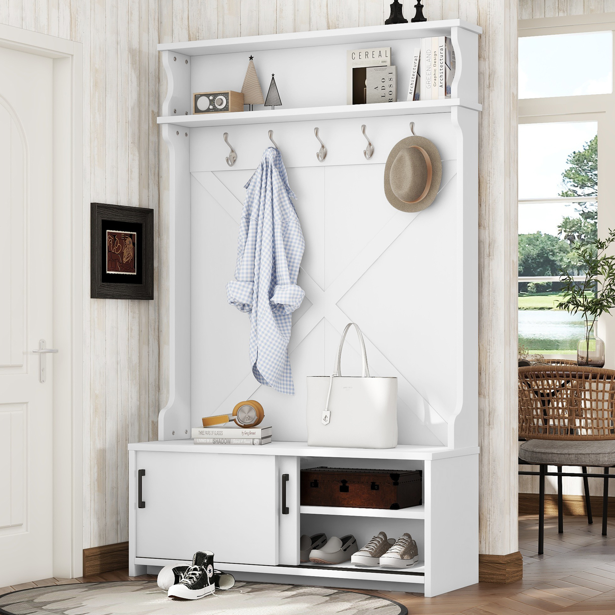 Hall Tree with Top Shelf and Storage Bench, Hallway Shoe Cabinet with Sliding Doors, Coat Rack with 5 Hanging Hooks for Entryways Hallways,White/Black