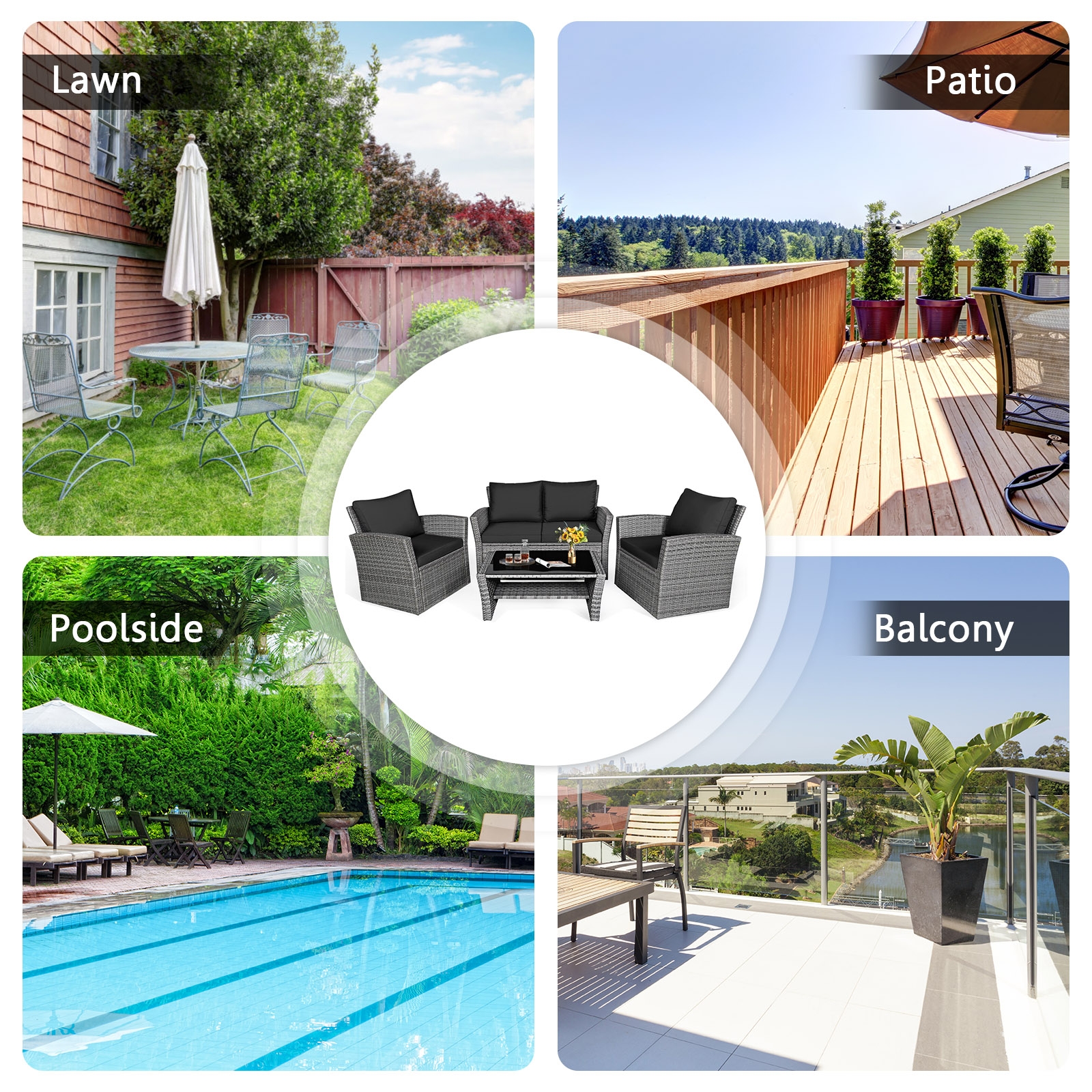 Mondawe 4 Pcs Patio Rattan Furniture Set Sofa Table with Storage Shelf Cushion-Black-Mondawe