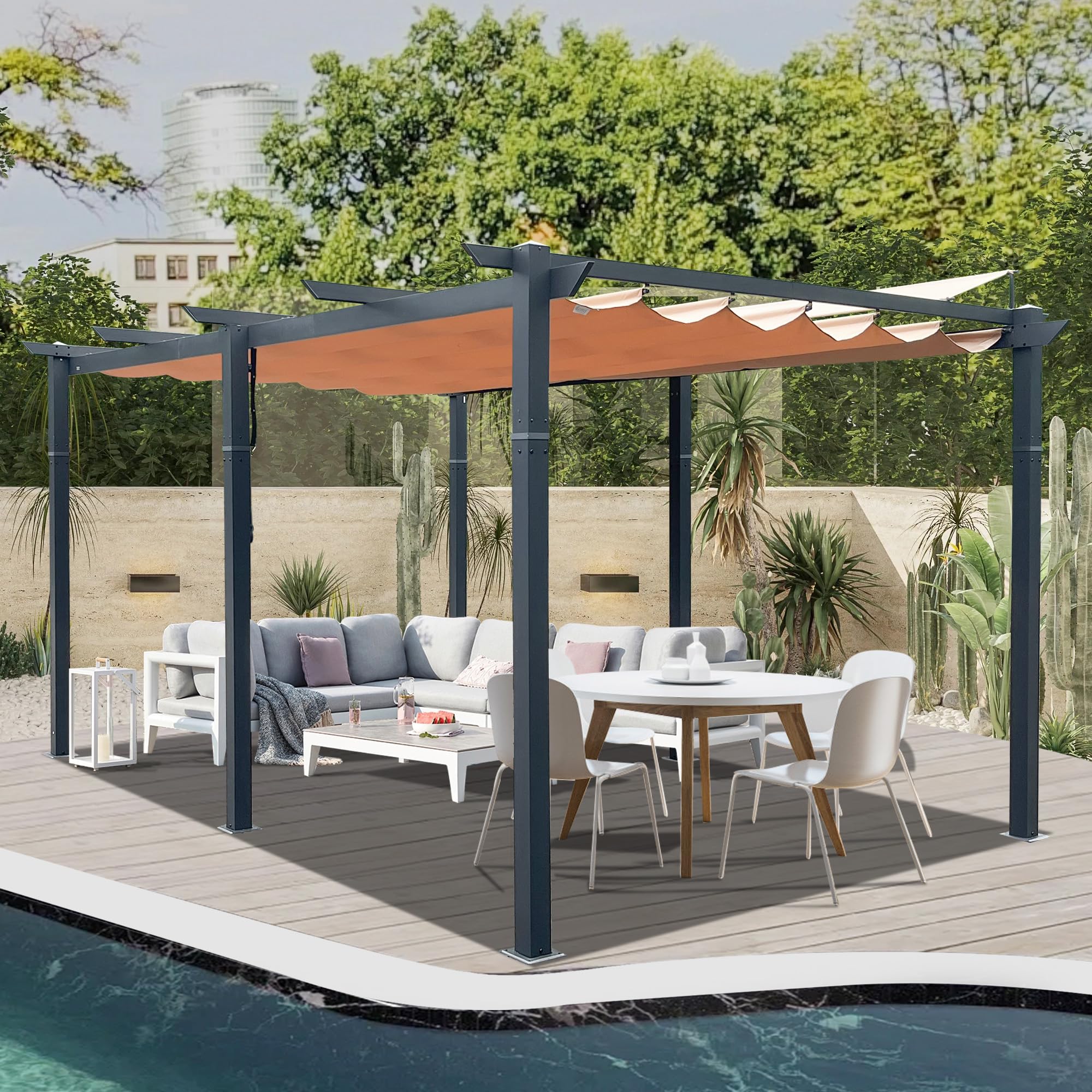 11 X 16 FT Outdoor Living Outdoor Retractable Pergola with Weather-Resistant Canopy Aluminum Garden Pergola Patio Grill Gazebo for Courtyard -Lake Blue/Dark Gray/Khaki