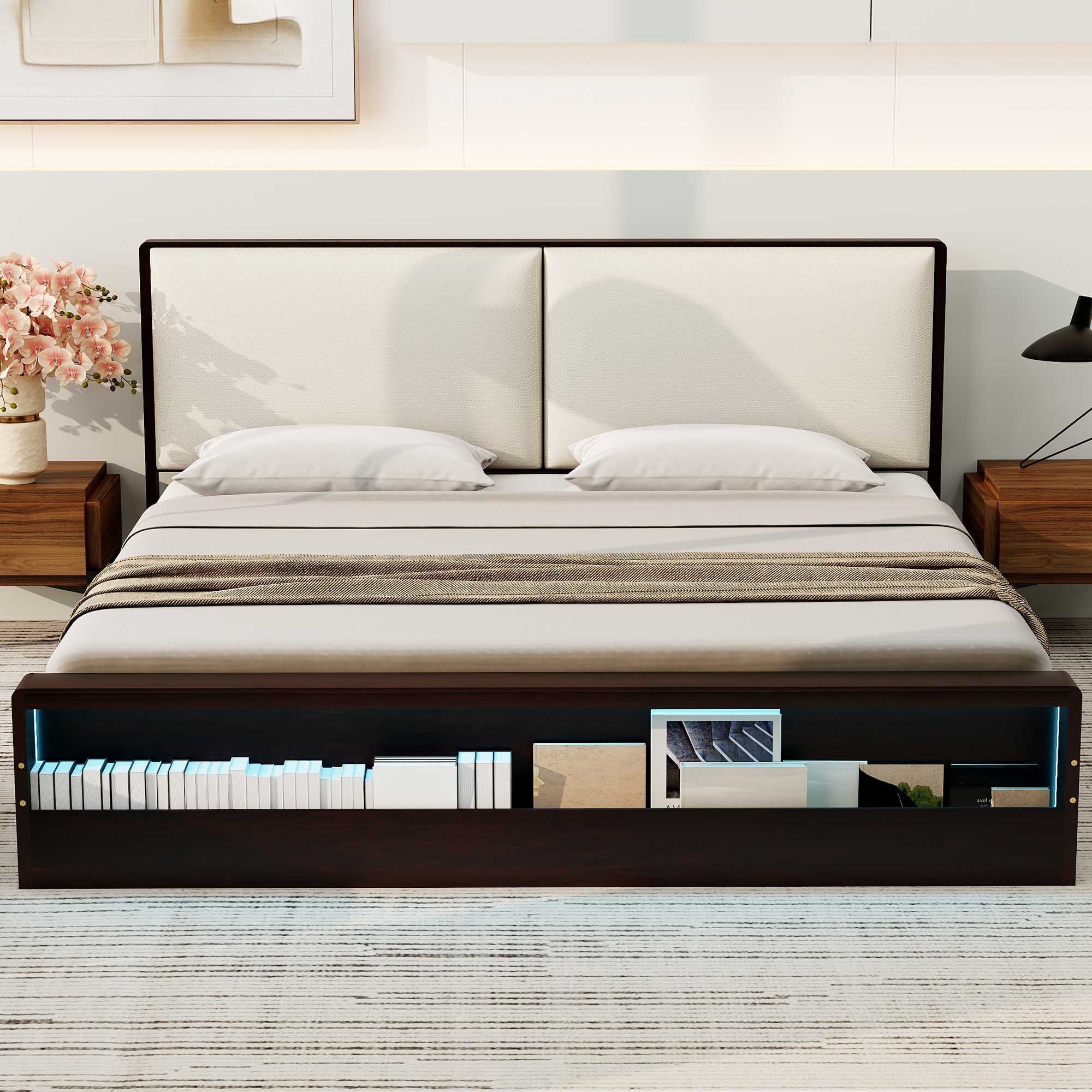 King/Queen Size Platform Bed Frame with Upholstery Headboard and Bookshelf in Footboard and LED Light Strips, Espresso