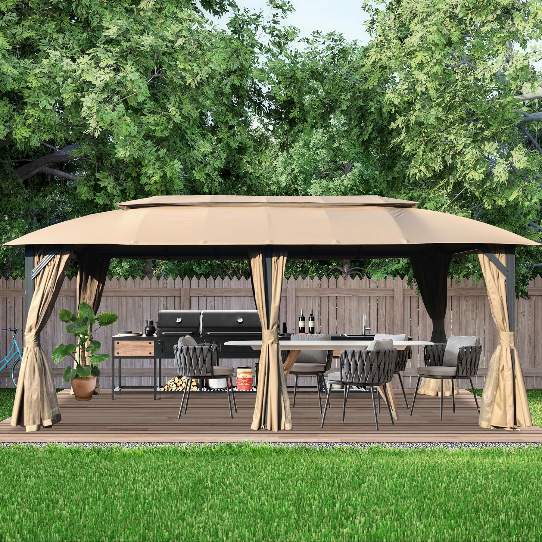 Gazebo 10x20FT, Outdoor Gazebo with Double Roofs, Privacy Curtains, Mosquito Nettings, Heavy Duty Metal Frame Party Tent Canopy for Patio, Backyard, Deck, Lawn, Grey/Brown