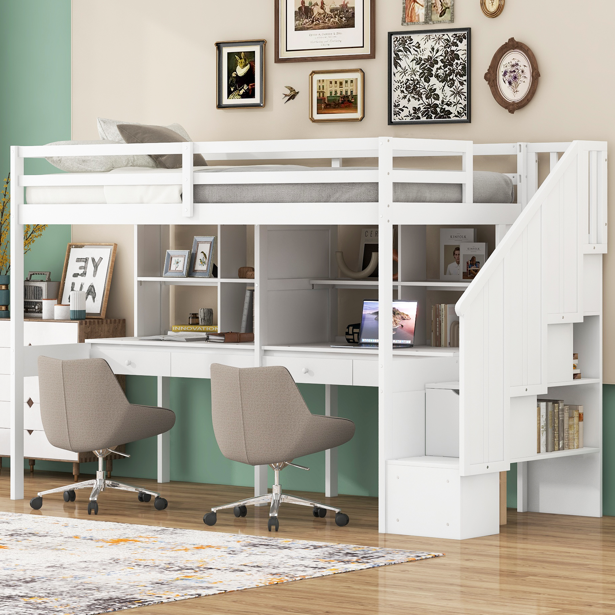 Twin Size Loft Bed Frame with Storage Staircase and Double Desks and Shelves,Gray/White