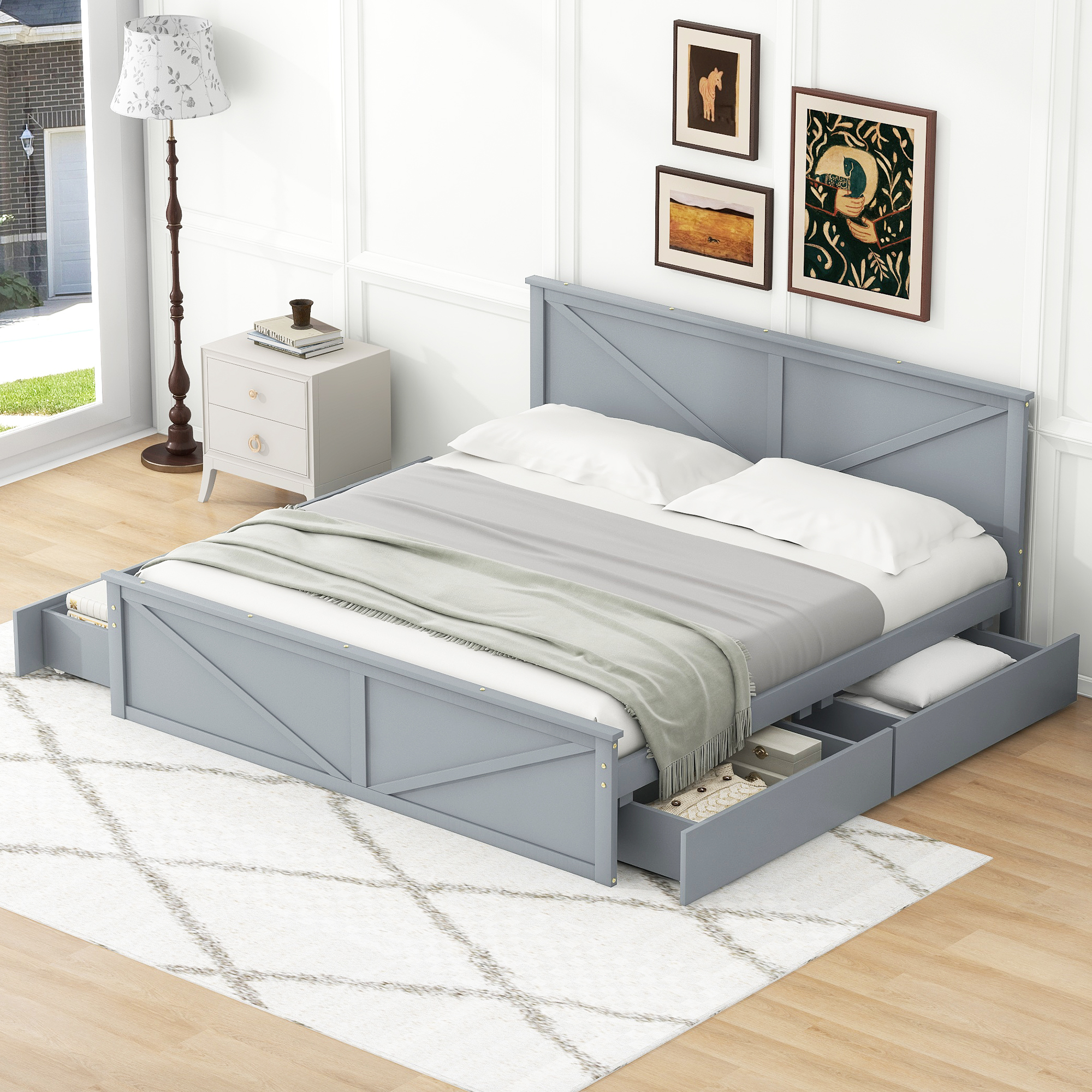 King/Queen Size Wooden Platform Bed with Four Storage Drawers and Support Legs, White/Gray