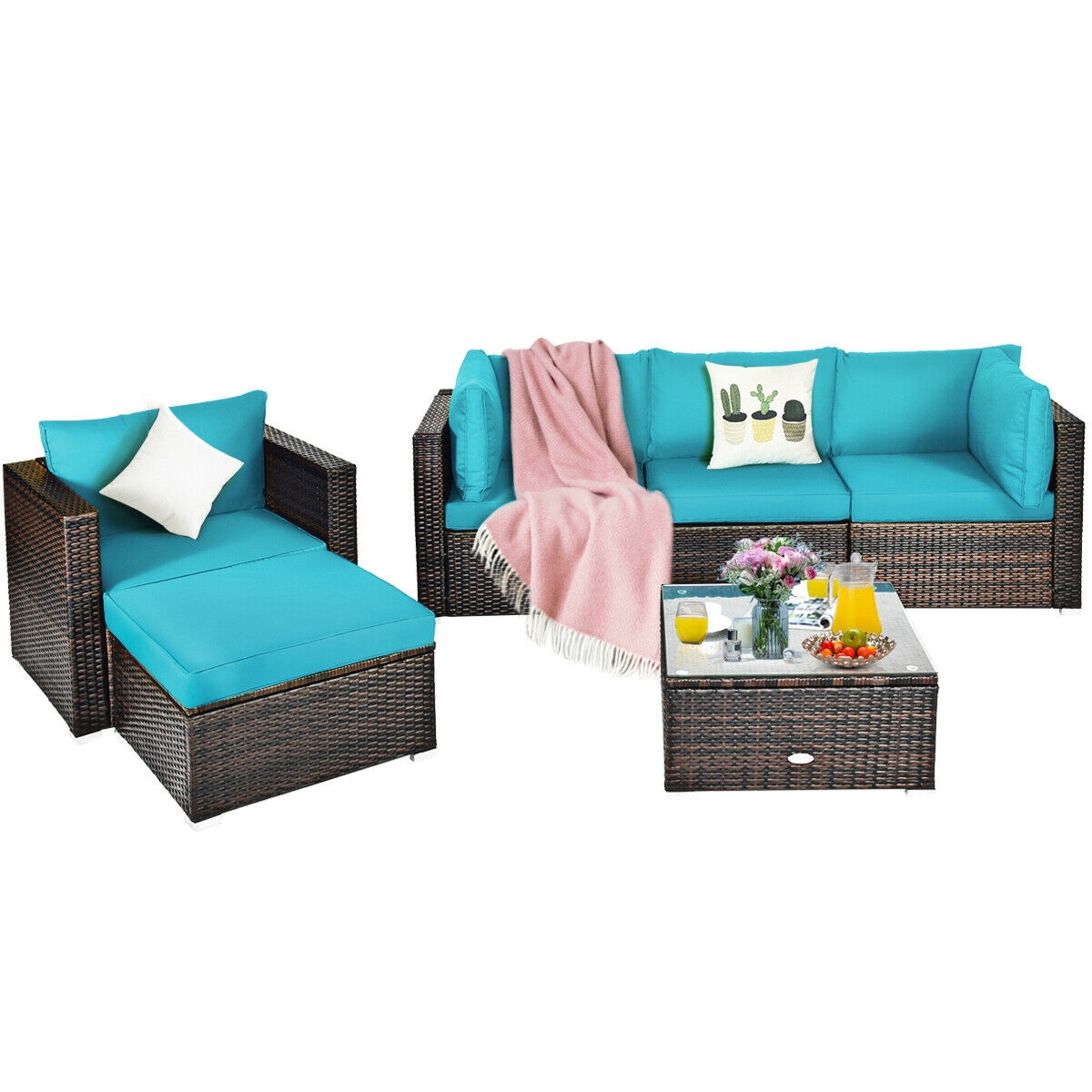Mondawe 6 Pcs Patio Rattan Furniture Set with Sectional Cushion-Turquoise-Mondawe