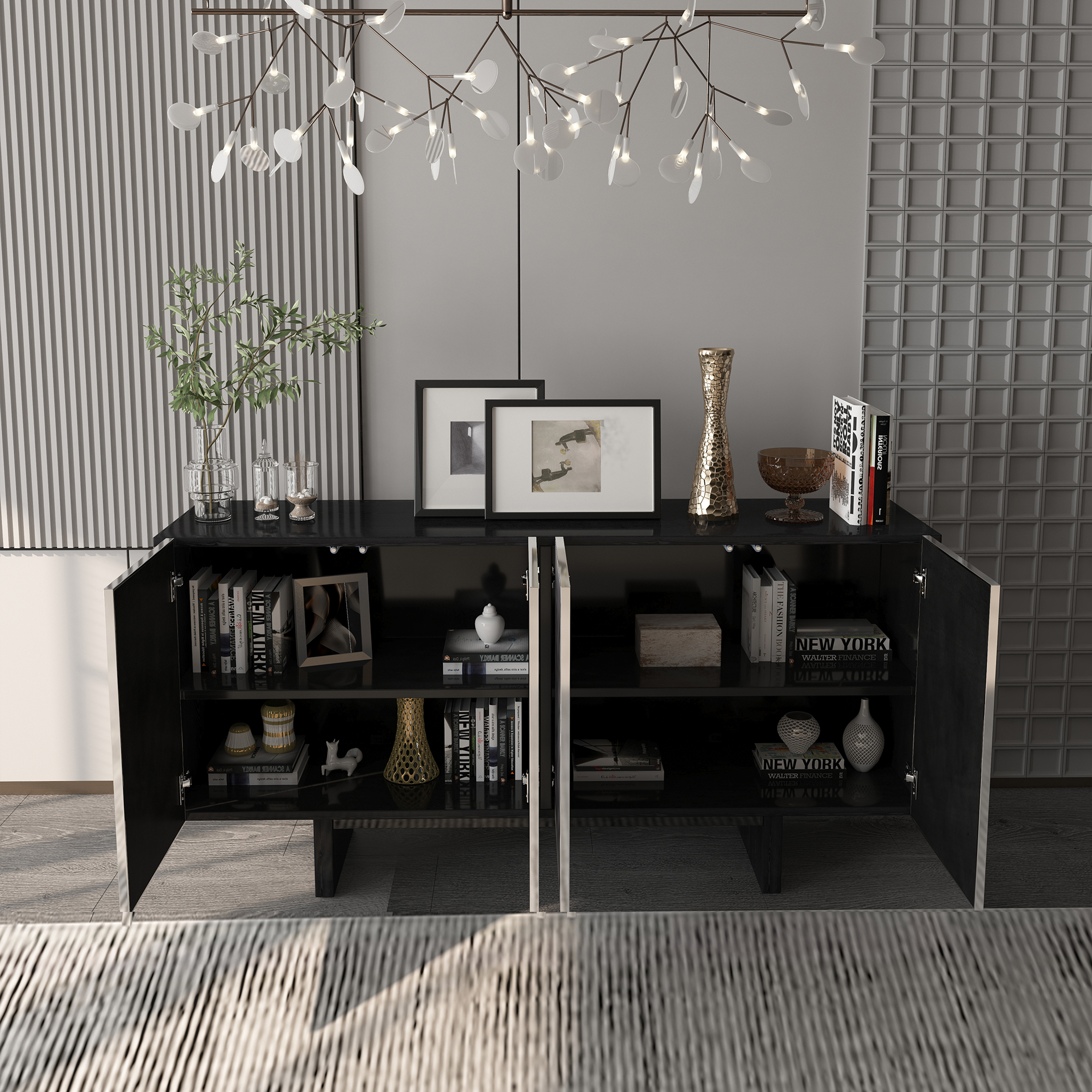 Silver MDF 2-Door/4-Door Wood 62.99 in. Buffet Sideboard Dining Table For Living Room, Foyer and Kitchen-Dining Room