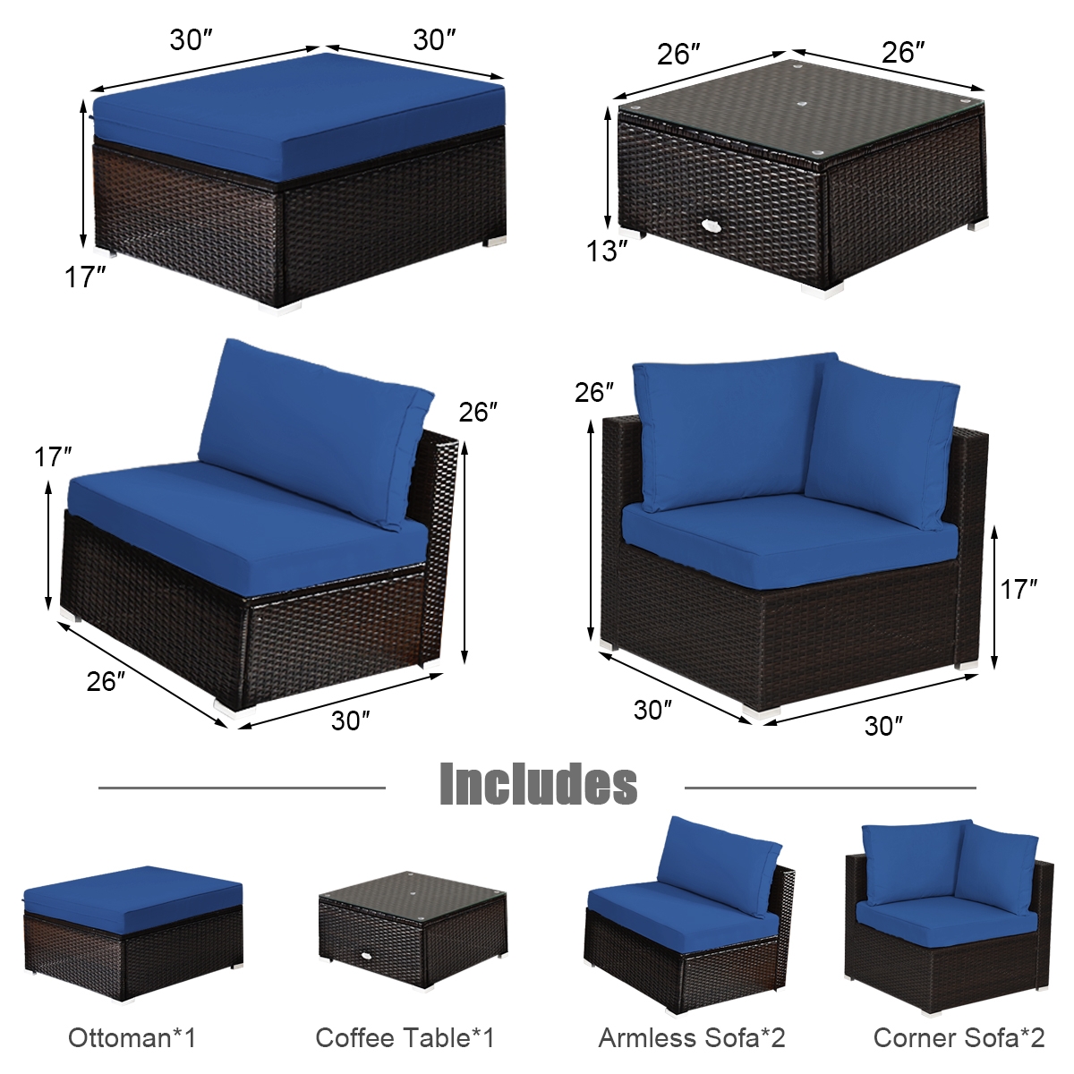 Mondawe 6 Pieces Outdoor Patio Rattan Furniture Set Sofa Ottoman-Mondawe