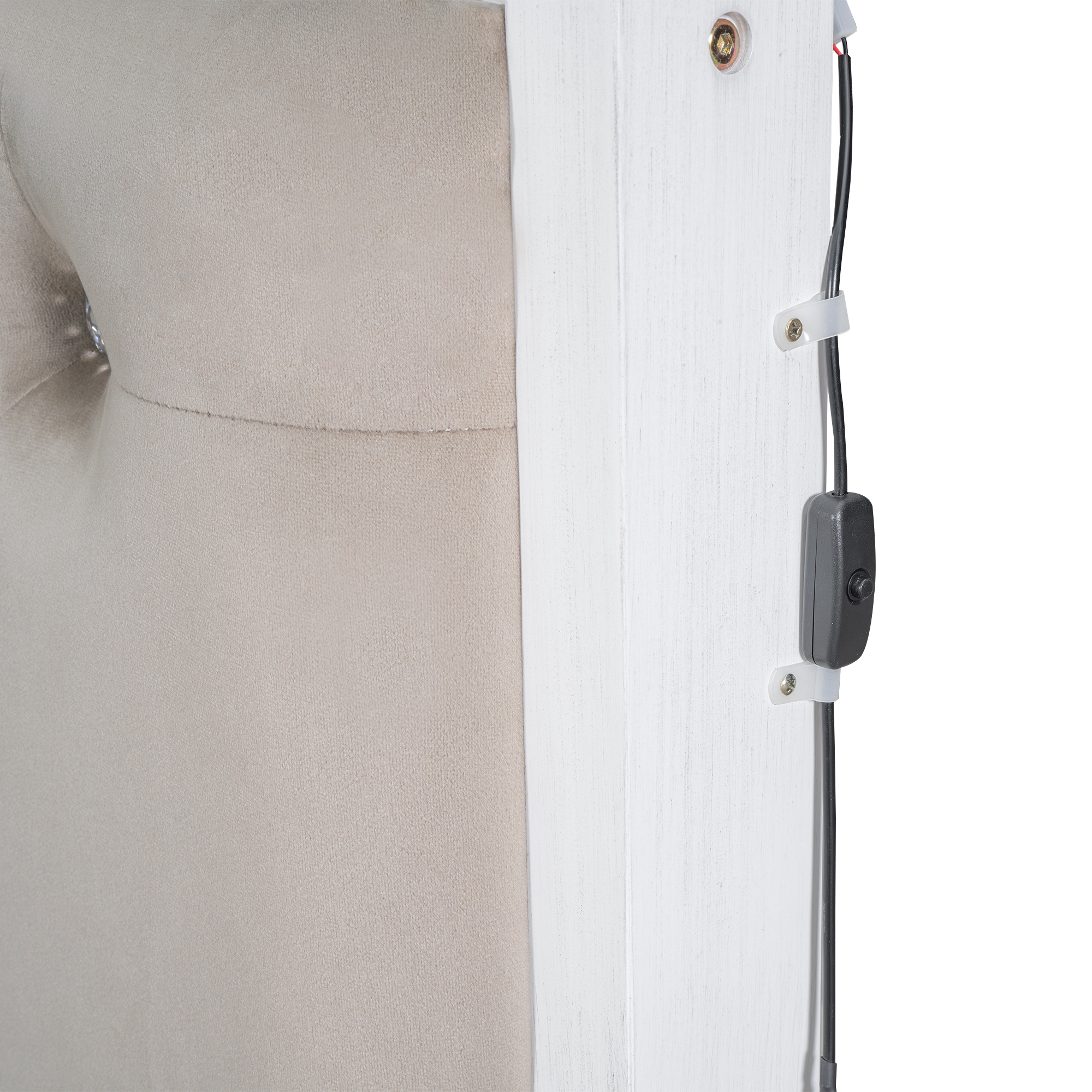 Wood Queen/Full Size Platform Bed with Upholstered Headboard and LED and 2 Drawers, Antique White 