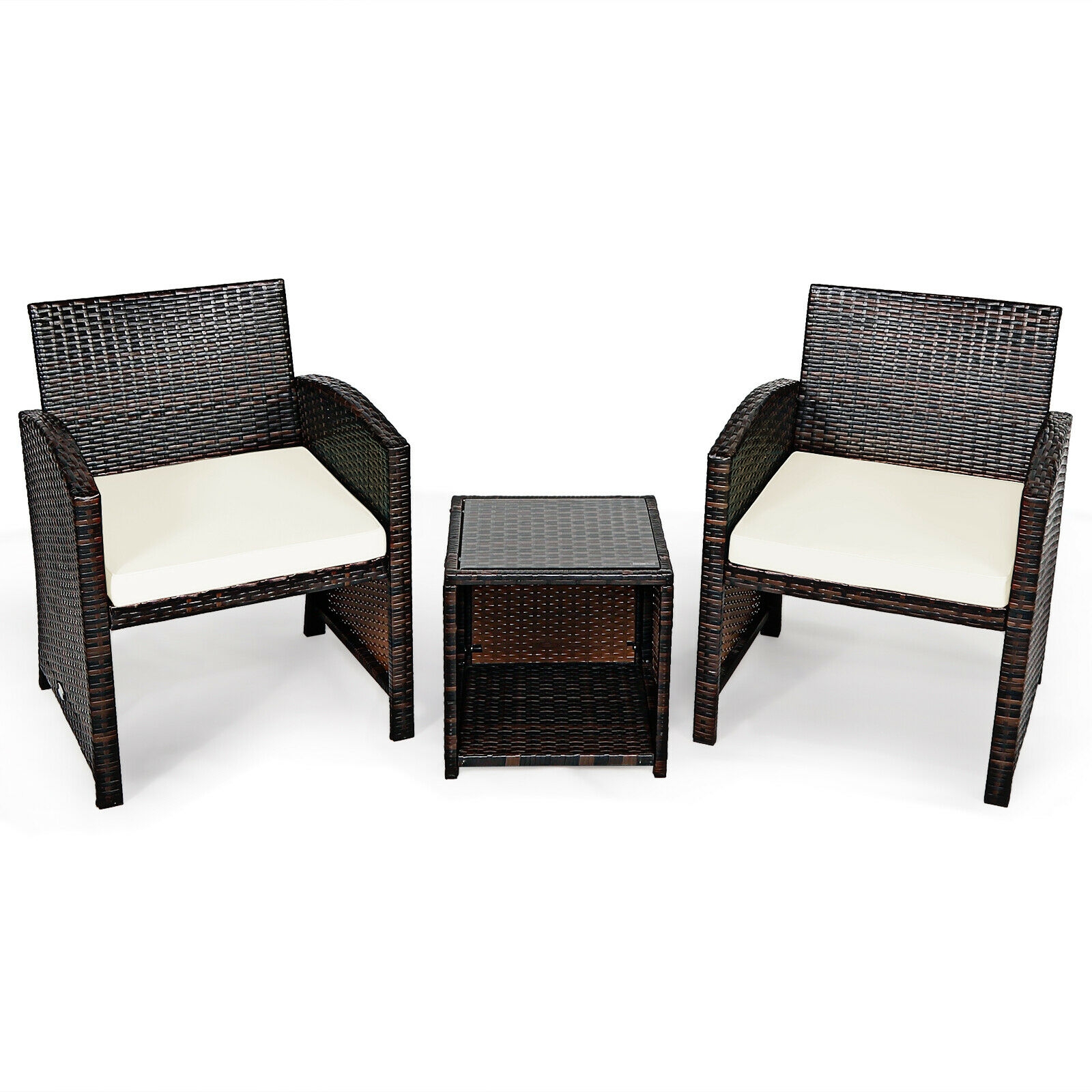 Mondawe 3 Pieces PE Rattan Wicker Furniture Set with Cushion Sofa Coffee Table for Garden-White-Mondawe