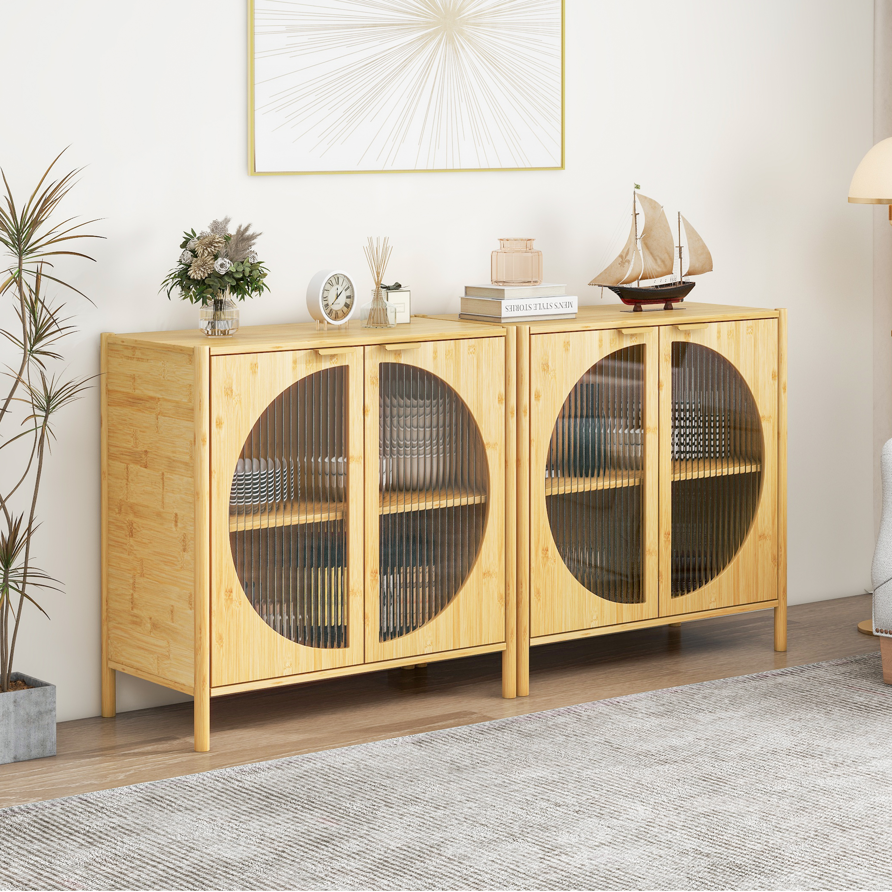 Bamboo 2 door cabinet, Buffet Sideboard Storage Cabinet, Buffet Server Console Table, for Dining Room, Living Room, Kitchen, Hallway 