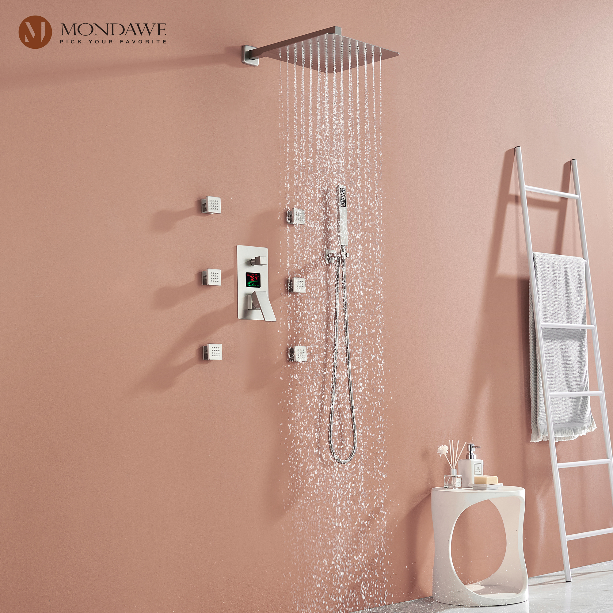 Mondawe Wall Mount Pressure Balanced Rain Shower Head System with Body Sprayers Handheld Shower and Digital Display-Mondawe