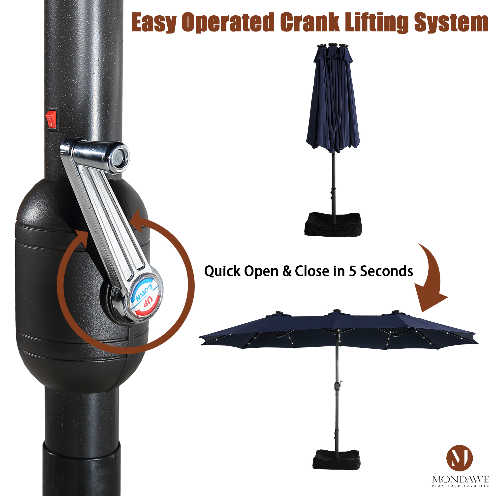 Mondawe 15ft Rectangular Patio Umbrella with Base and LED Lights-Mondawe