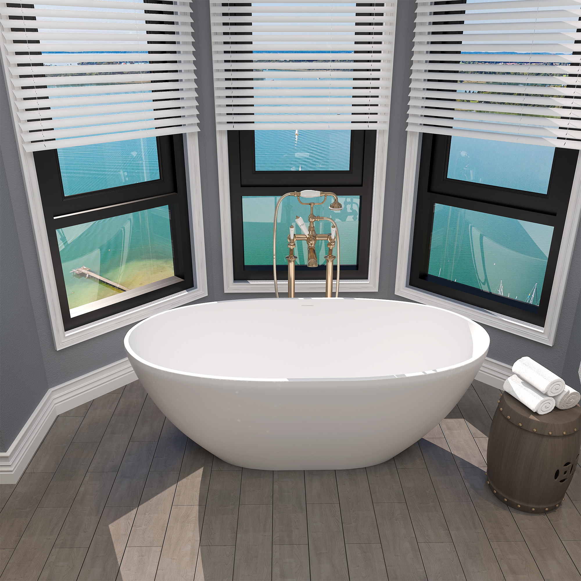 Boyel Livong 61" Matte White Faux Stone Freestanding Soaking Tub with Drain