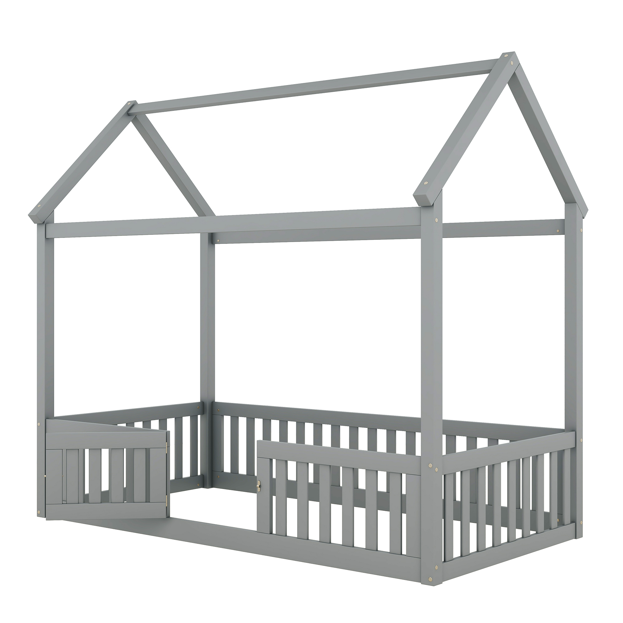 Twin/Full Size Wood House Bed with Fence and Door, Gray/White