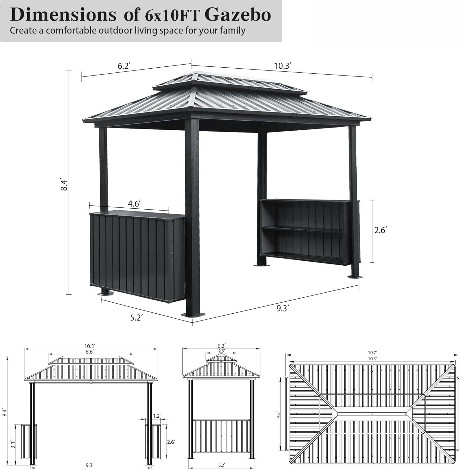 Hardtop Grill Gazebo, Outdoor BBQ Gazebo with 2 Side Shelves and Sloping Galvanized Steel Roof, Metal Permanent Grill Canopy with Ceiling Hooks for Patio, Lawn, Backyard, Deck