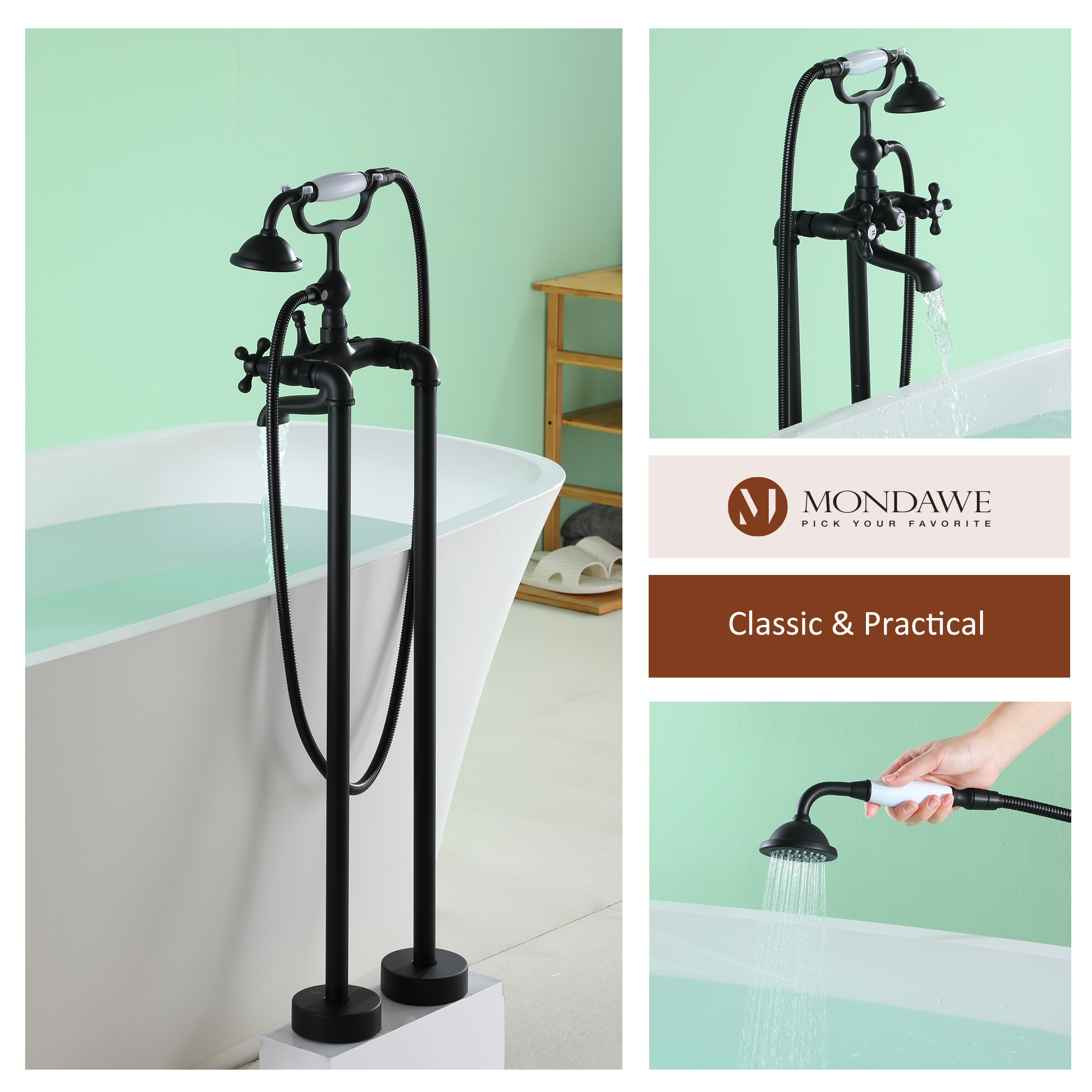 Mondawe 3-Handle Traditional Freestanding Bathtub Faucet(Matte Black)-Mondawe