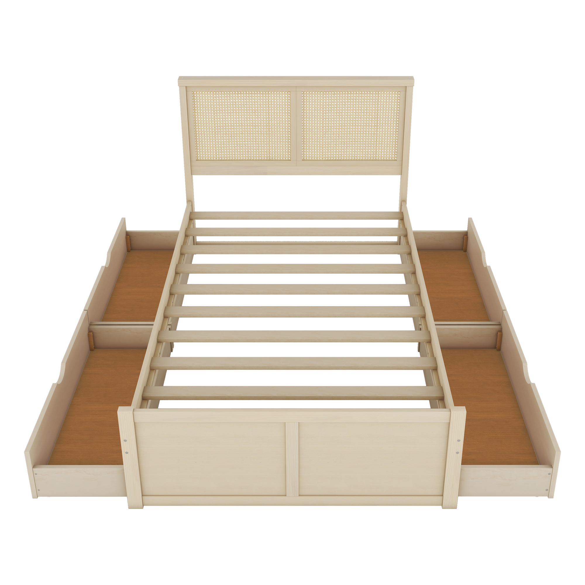 Queen/Full Size Wood Storage Platform Bed with 4 Drawers, Rattan Headboard, Espresso/Nature 