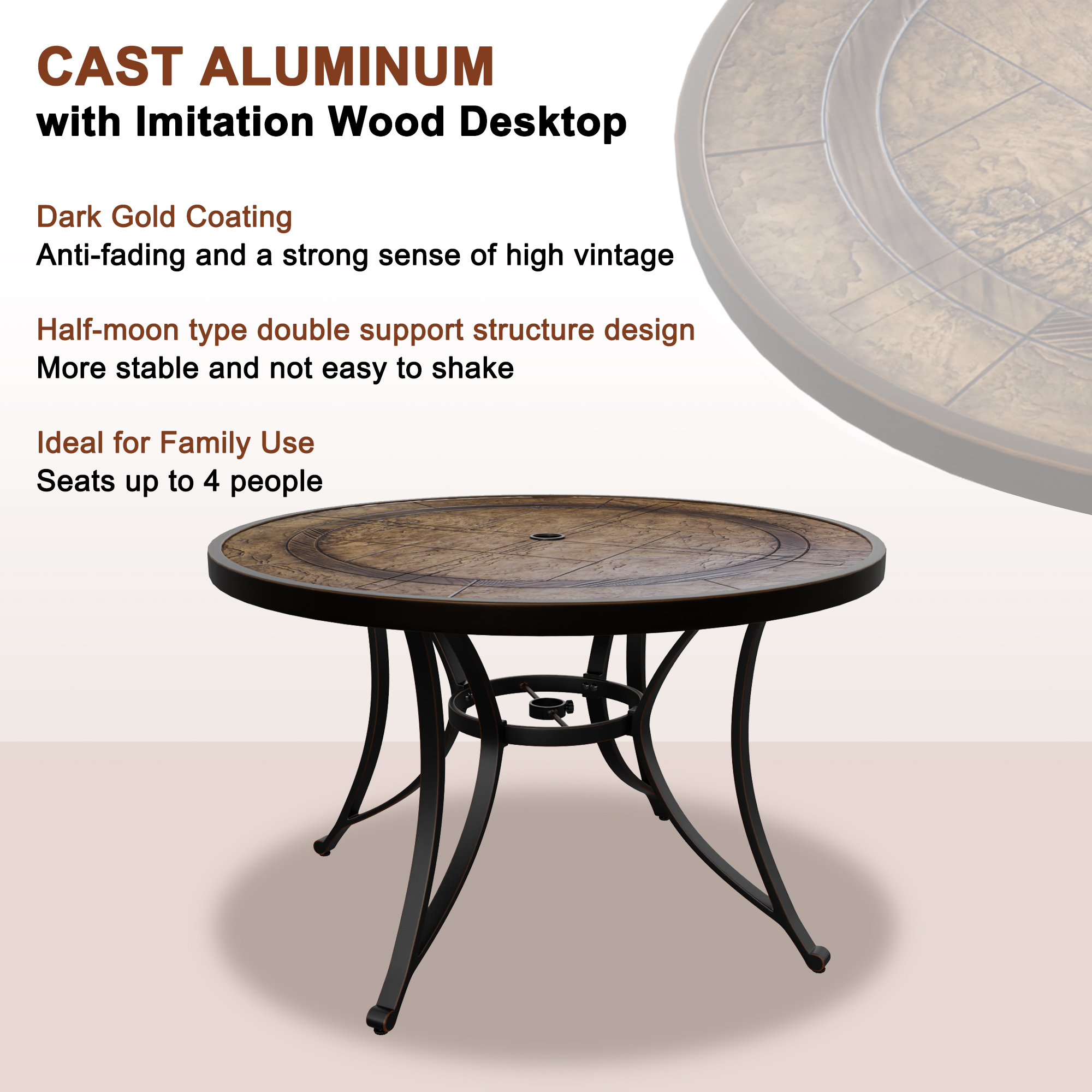 Dark Gold Round Aluminum 28 in. H Faux Wood Top Outdoor Patio Dining Table with Umbrella Hole-Boyelliving
