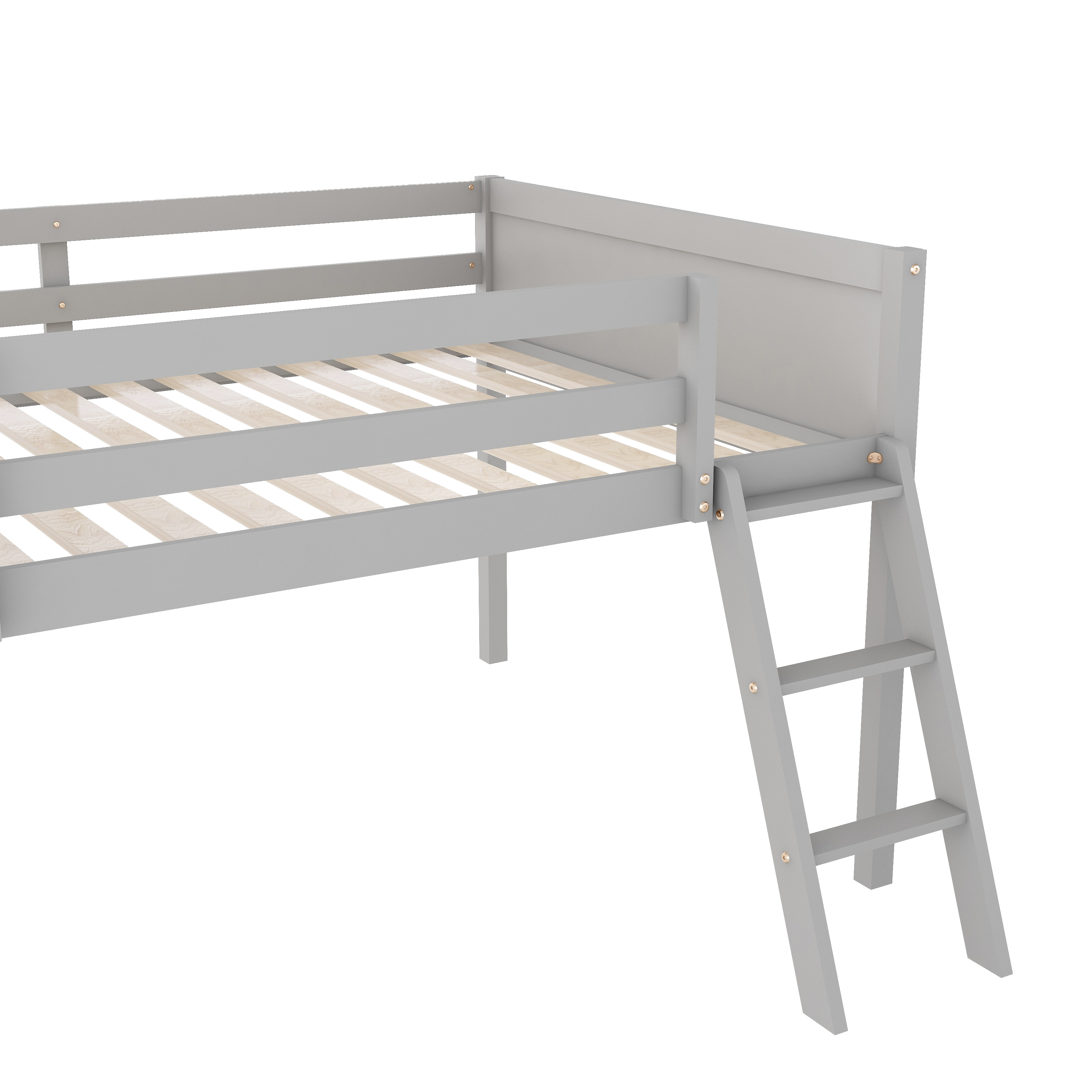 Full Size Wood Low Loft Bed with Ladder, ladder can be placed on the left or right, Gray/White