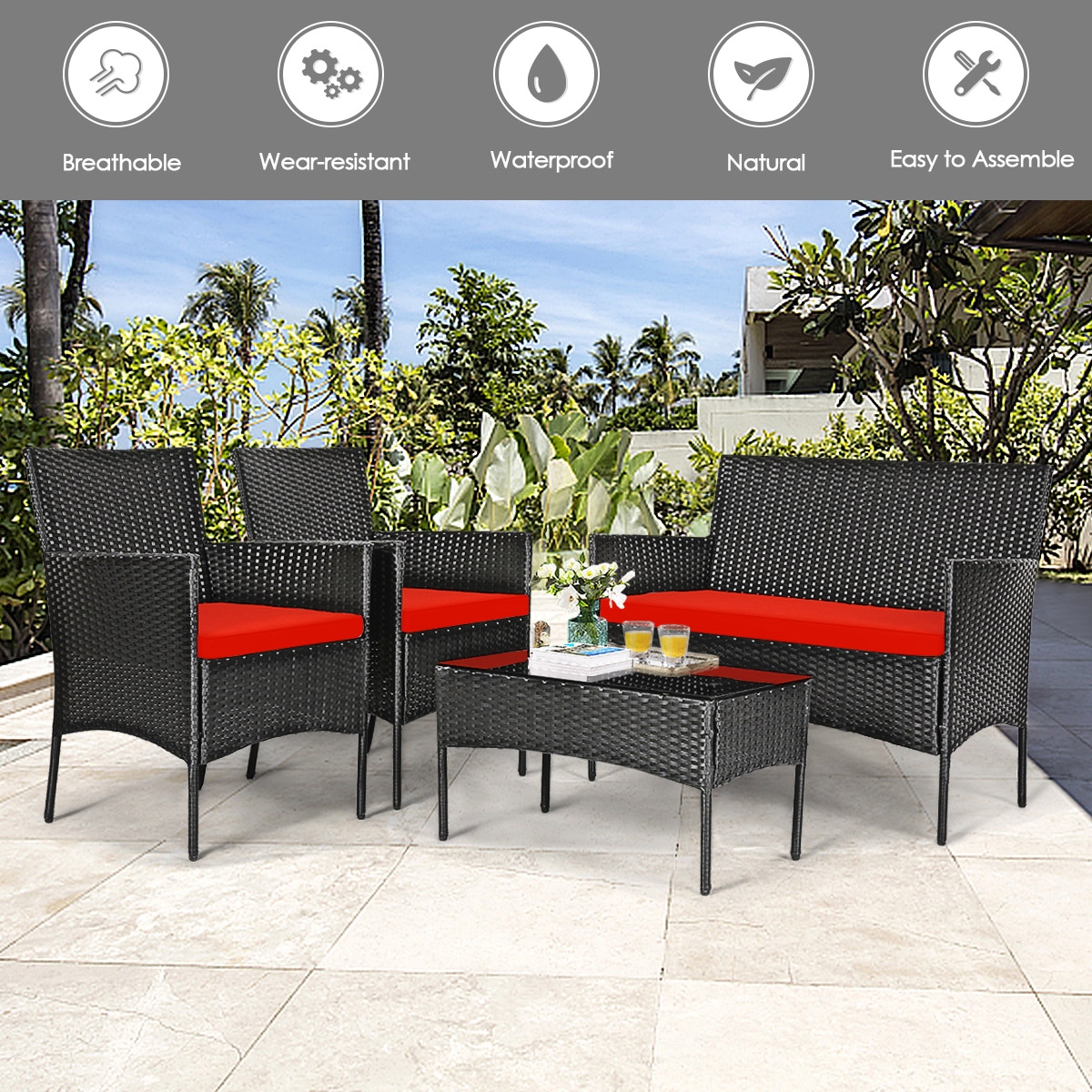Mondawe 4 Pcs Patio Rattan Cushioned Sofa Furniture Set with Tempered Glass Coffee Table-White/Red/Turquoise-Mondawe