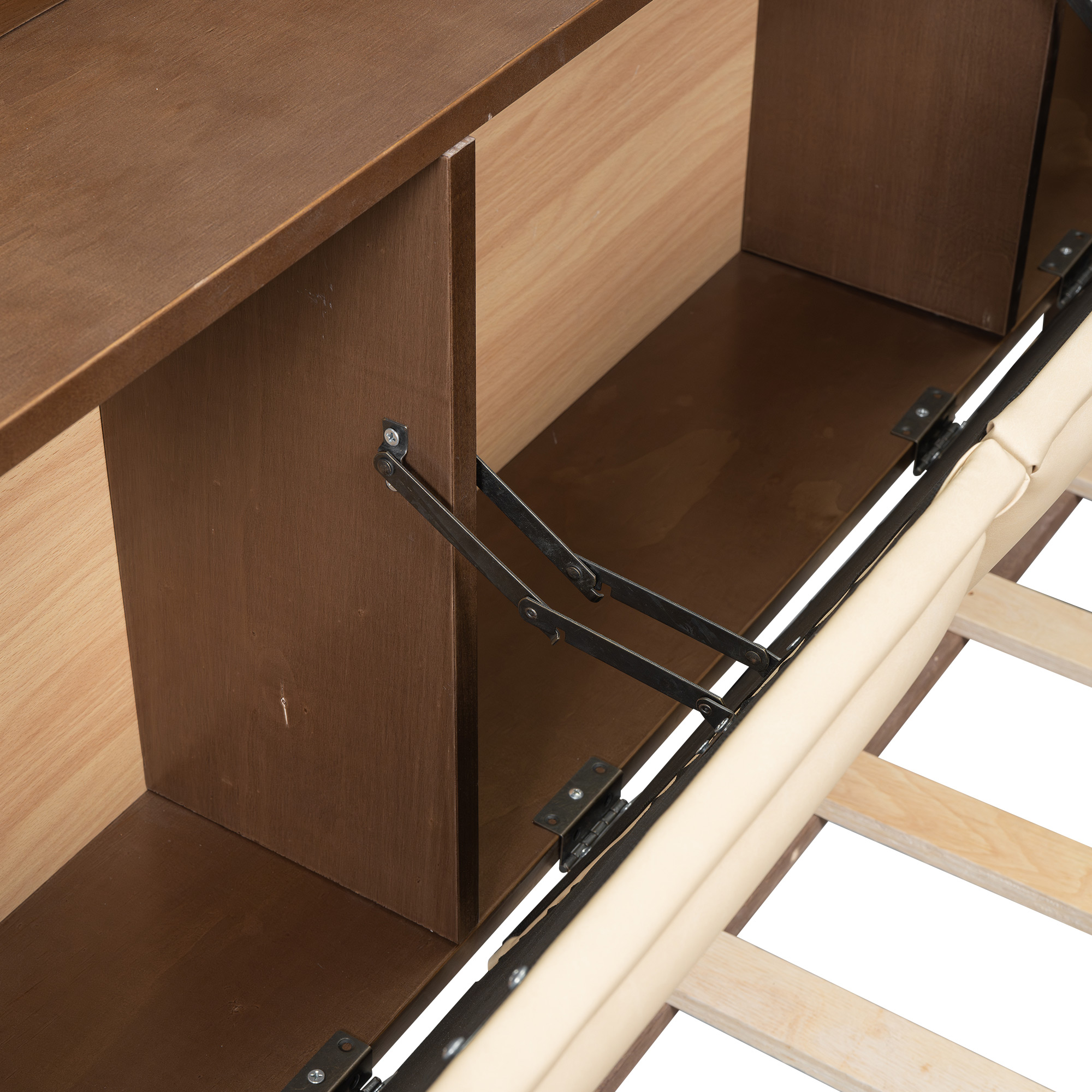 Full/Twin Size Wood Daybed with Upholstered Storage Shelves, USB Ports and 2 Drawers, Wood Color 