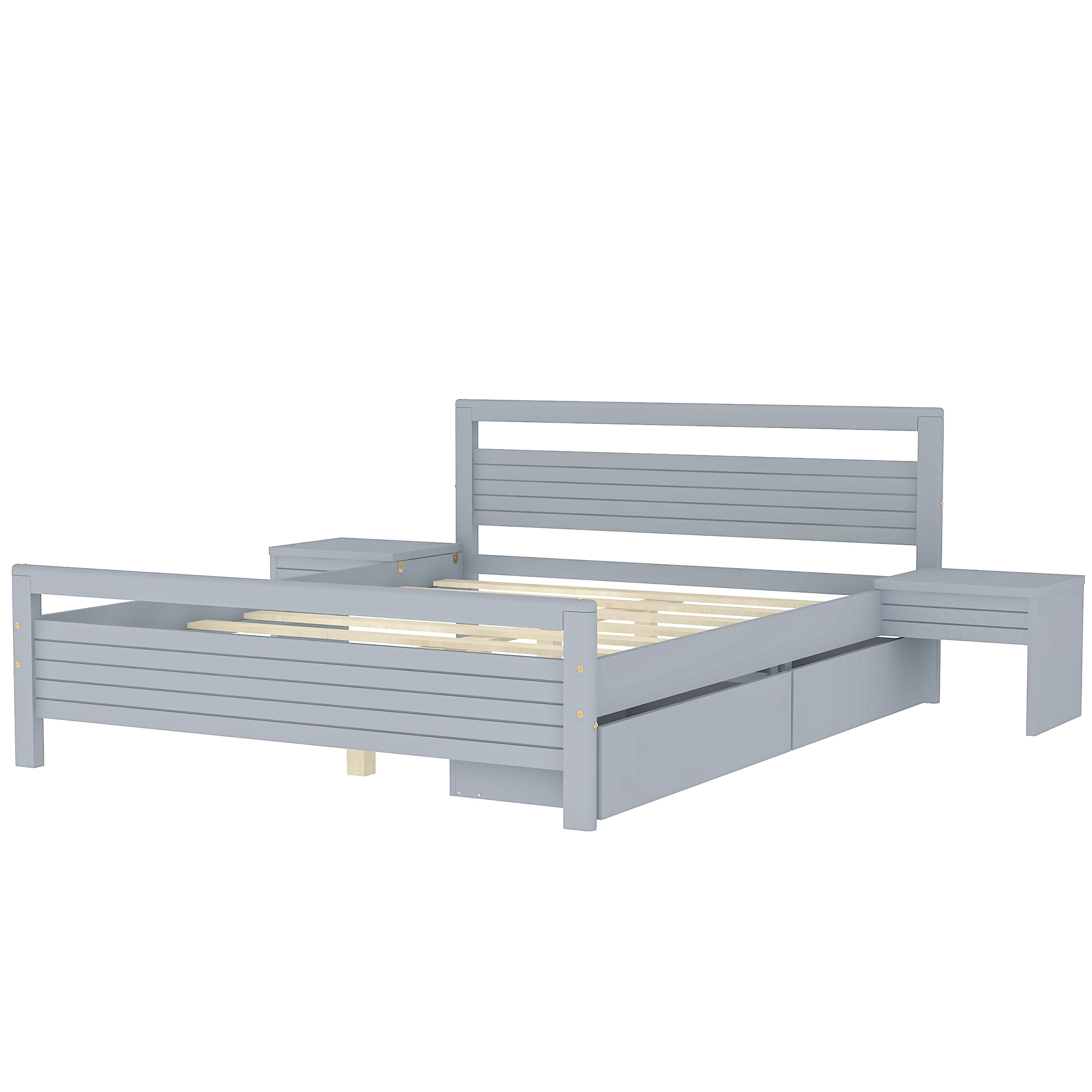 Queen Size Wooden Platform Bed with 2 Storage Drawers and 2 bedside tables, Gray/White 