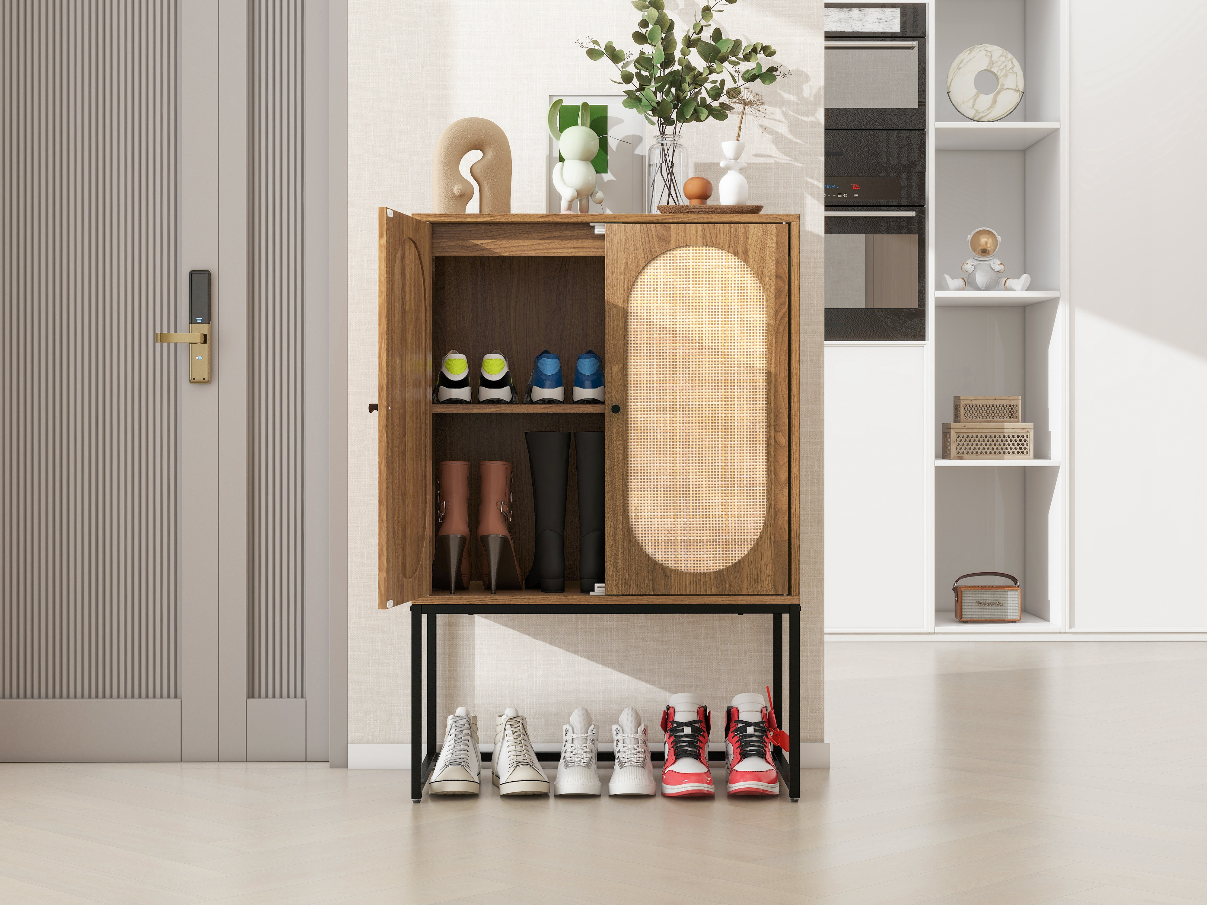 Natural rattan, Allen 2 Door high cabinet, rattan, Built-in adjustable shelf, Easy Assembly, Free Standing Cabinet for Living Room Bedroom 