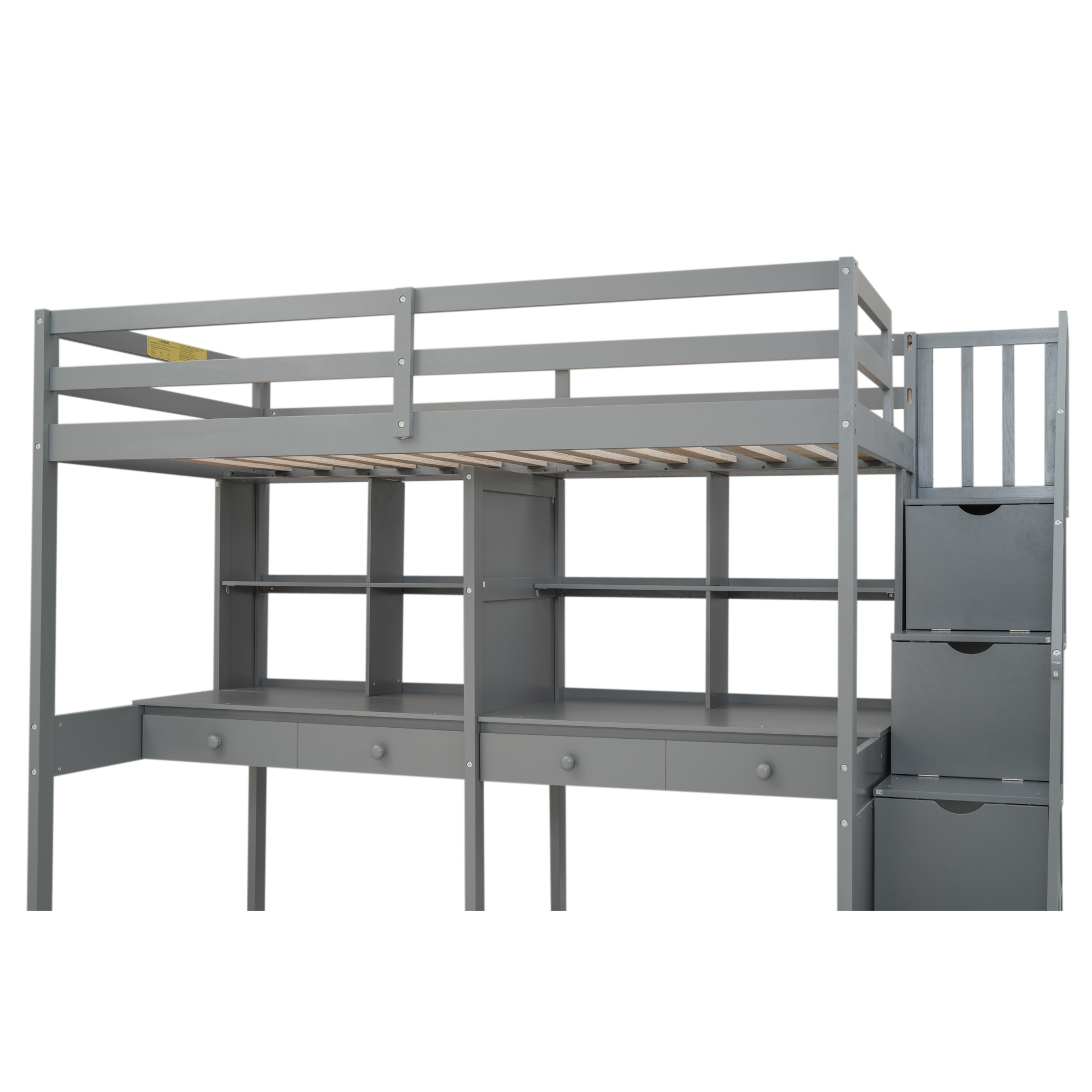 Twin Size Loft Bed Frame with Storage Staircase and Double Desks and Shelves,Gray/White