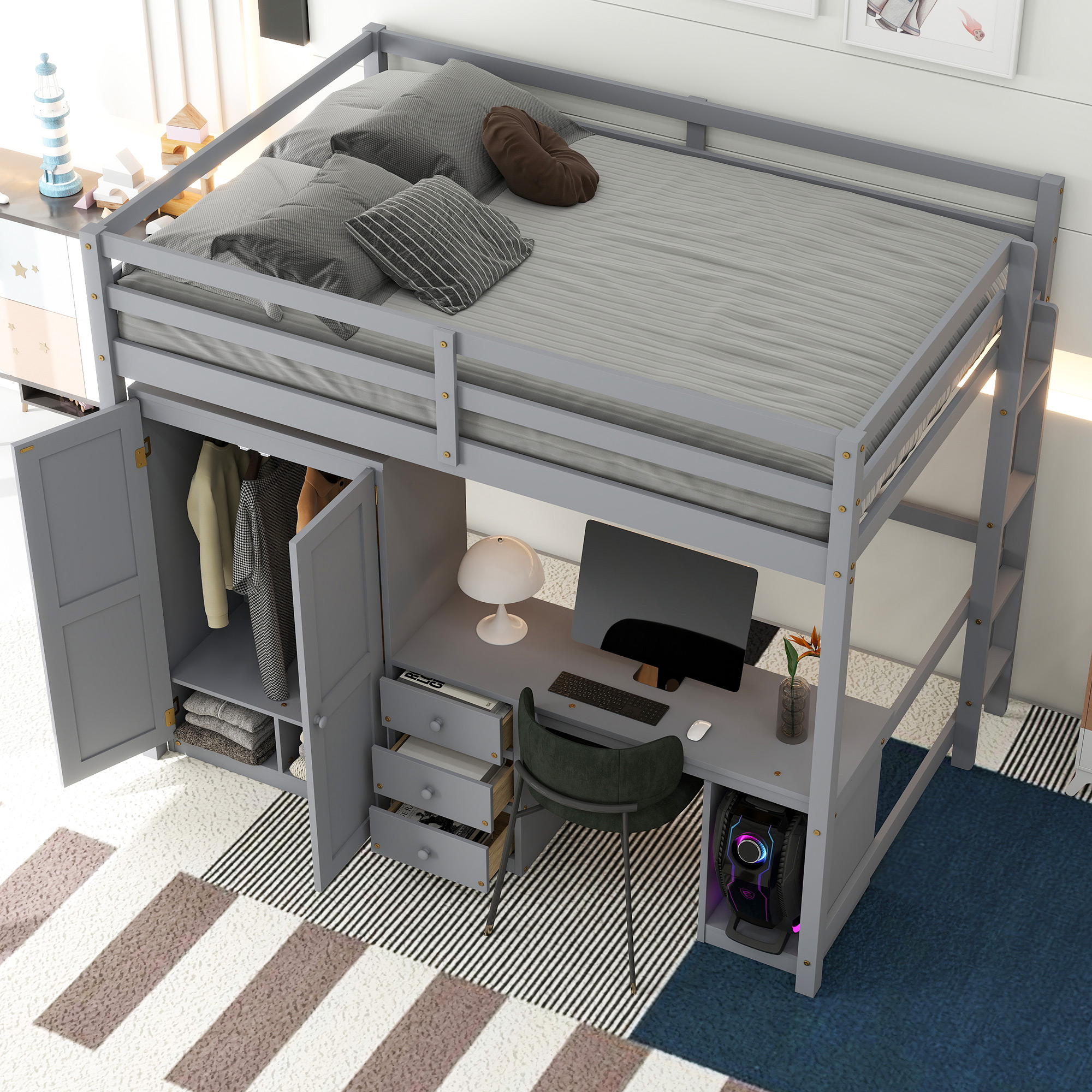 Full/Twin Size Loft Bed with Wardrobe, Desk and Storage Drawers, Gray/White