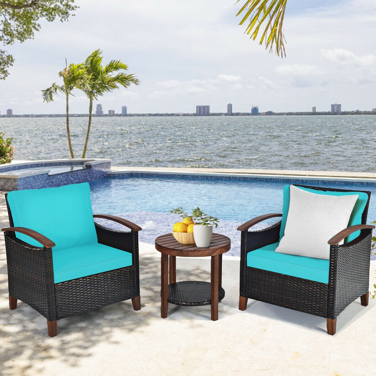 Mondawe 3 Pcs Solid Wood Frame Patio Rattan Furniture Set-Turquoise-Mondawe