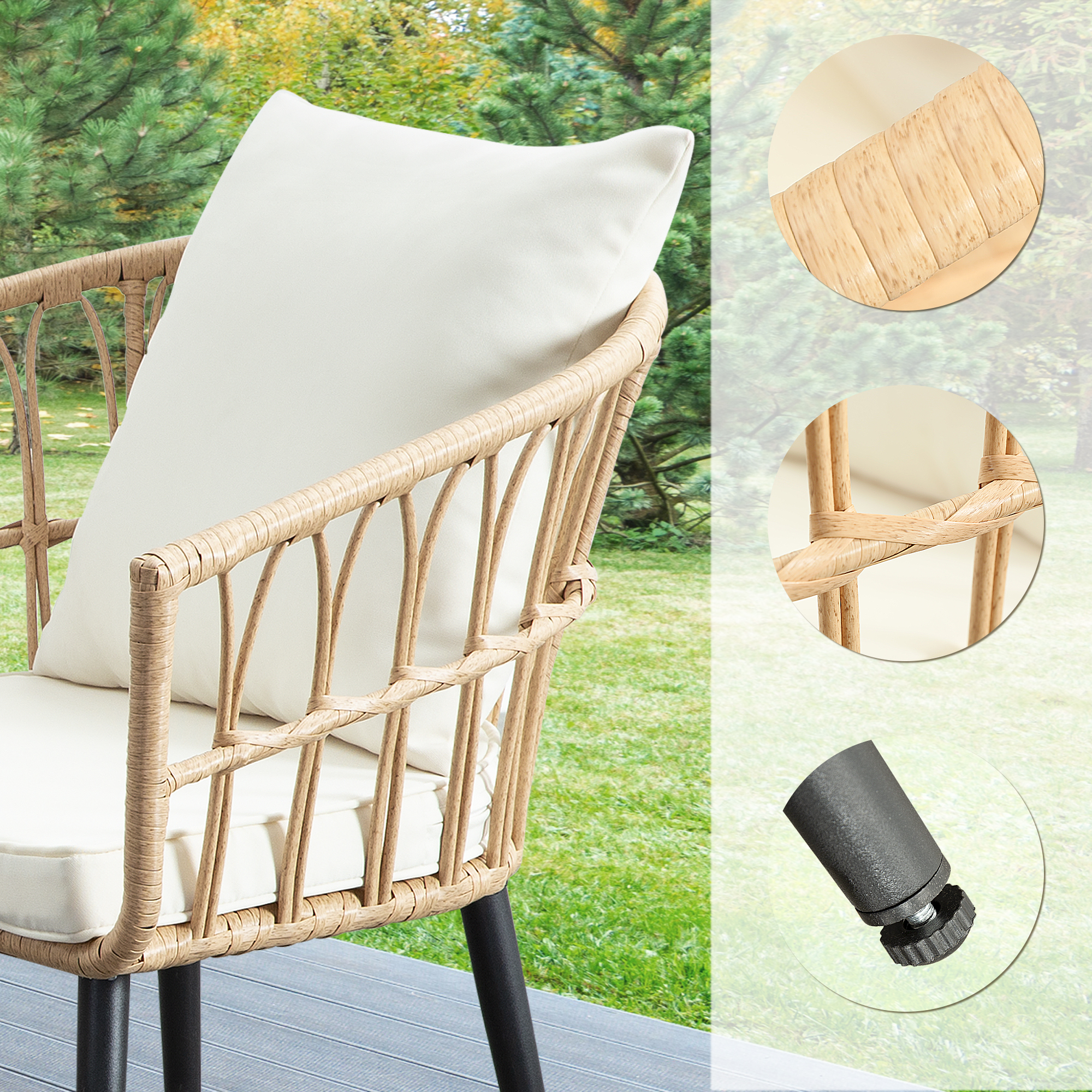 3-Piece PE Rattan Patio Bistro Set – 2 Chairs and 1 Coffee Table with Waterproof Cushions, Outdoor Furniture Set for Balcony/Garden, Beige