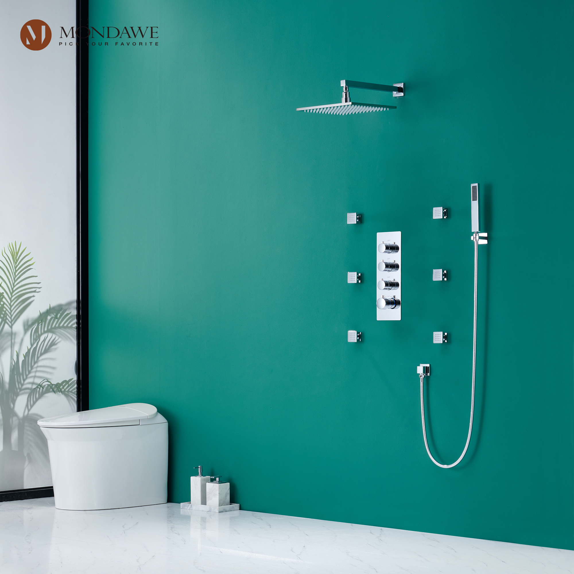 Mondawe Luxury Wall Mount Rain Shower Head with 6 Shower Jet and LED 3-Spray Patterns Thermostatic 12 in. -Mondawe