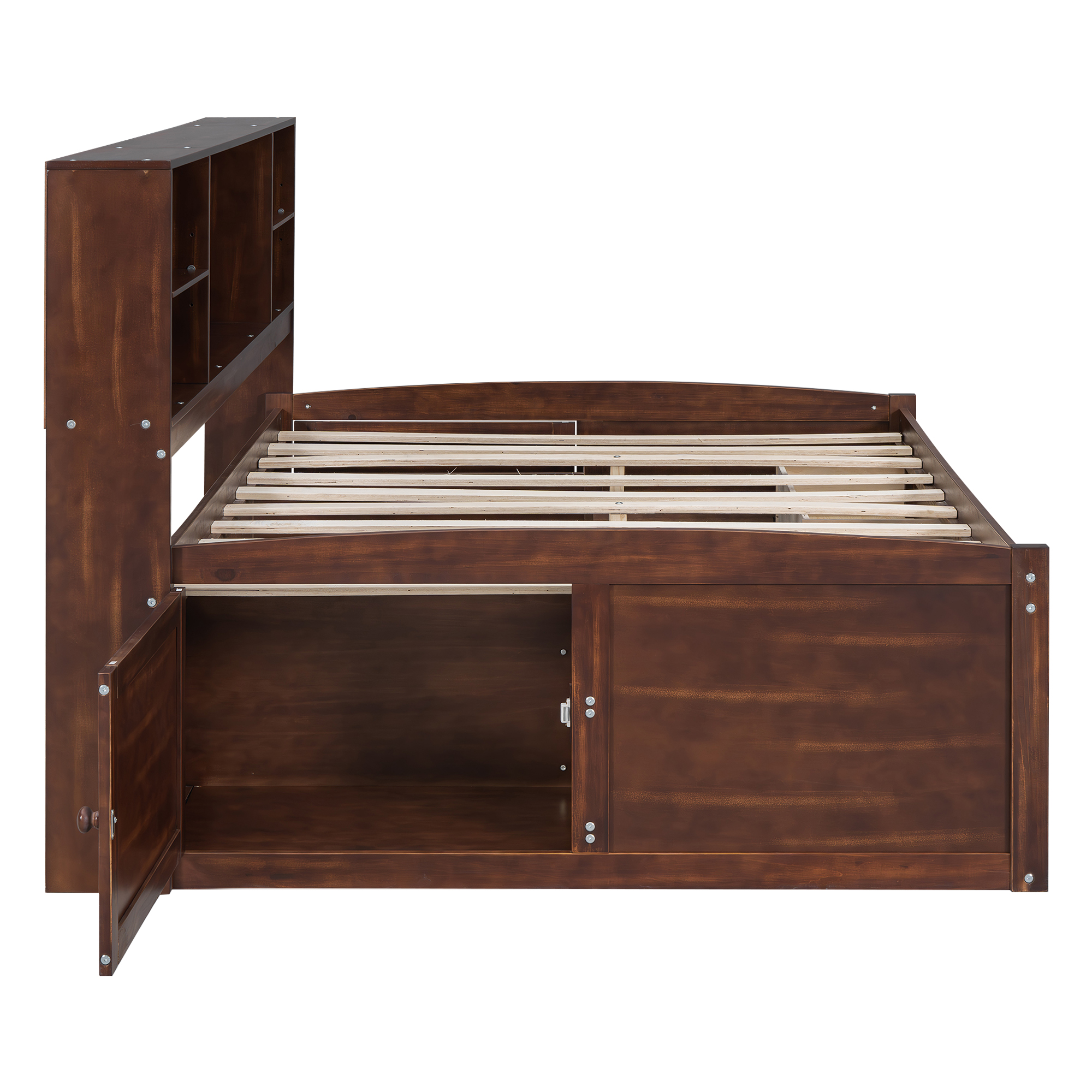 Full Size Wooden Captain Bed with Built-in Storage Shelves, 4 Drawers and 2 Cabinets, Antique Brown 