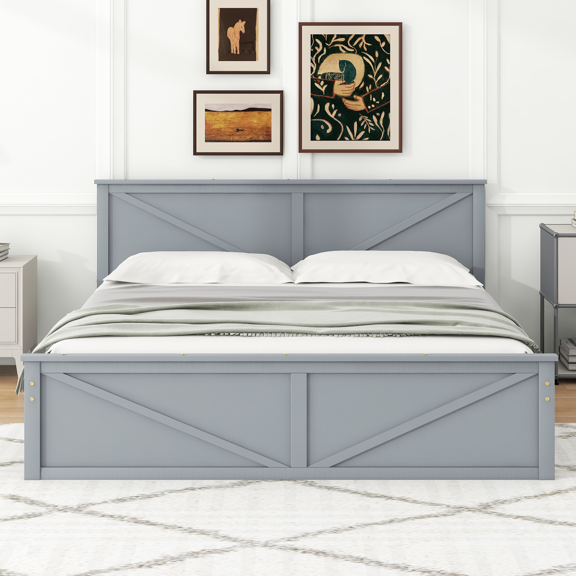 King/Queen Size Wooden Platform Bed with Four Storage Drawers and Support Legs, White/Gray