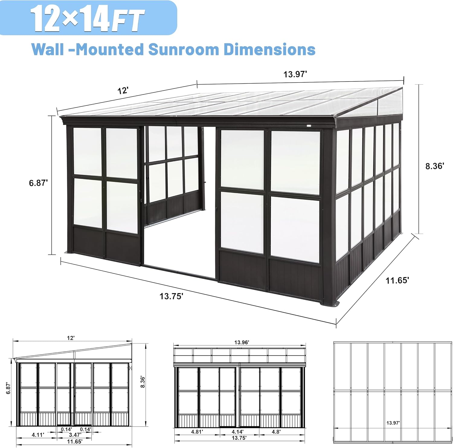 10x12FT All Season Sunroom, Outdoor Permanent Wall Mounted Solarium with Detachable Polycarbonate Windows, Aluminum Lean to Gazebo Sun Room with 2 Lockable Sliding Doors for Garden Patio Deck