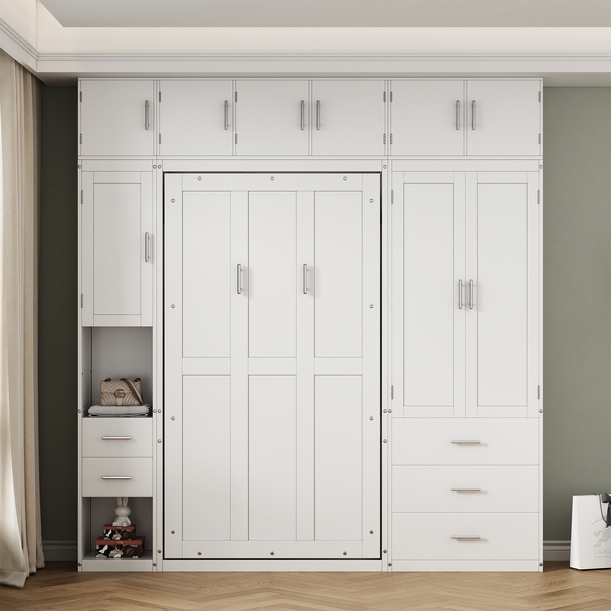Full/Twin Size Murphy Bed with Lockers and Wardrobes, With installation video, White 