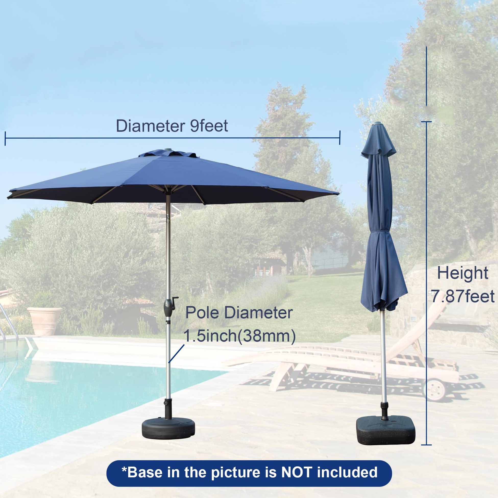 9FT Patio Umbrella, Outdoor Table Umbrella with Push Button Tilt and Crank, UV Protection Waterproof Market Sun Umbrella with 8 Sturdy Ribs for Garden, Deck, Backyard, Pool (Navy Blue/Brick red/Beige/Gray)