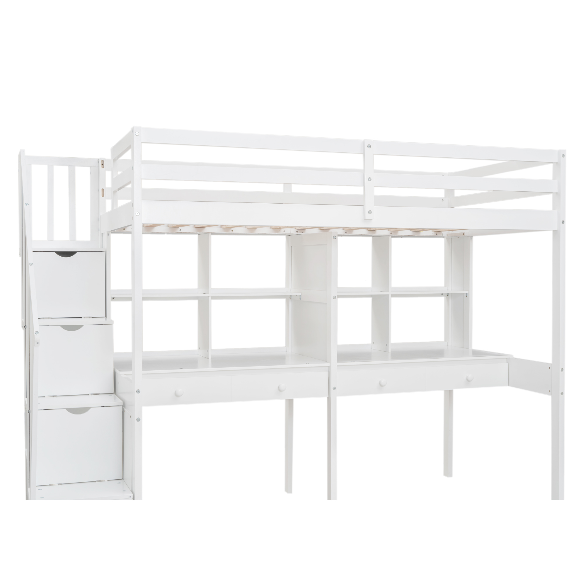 Twin Size Loft Bed Frame with Storage Staircase and Double Desks and Shelves,Gray/White