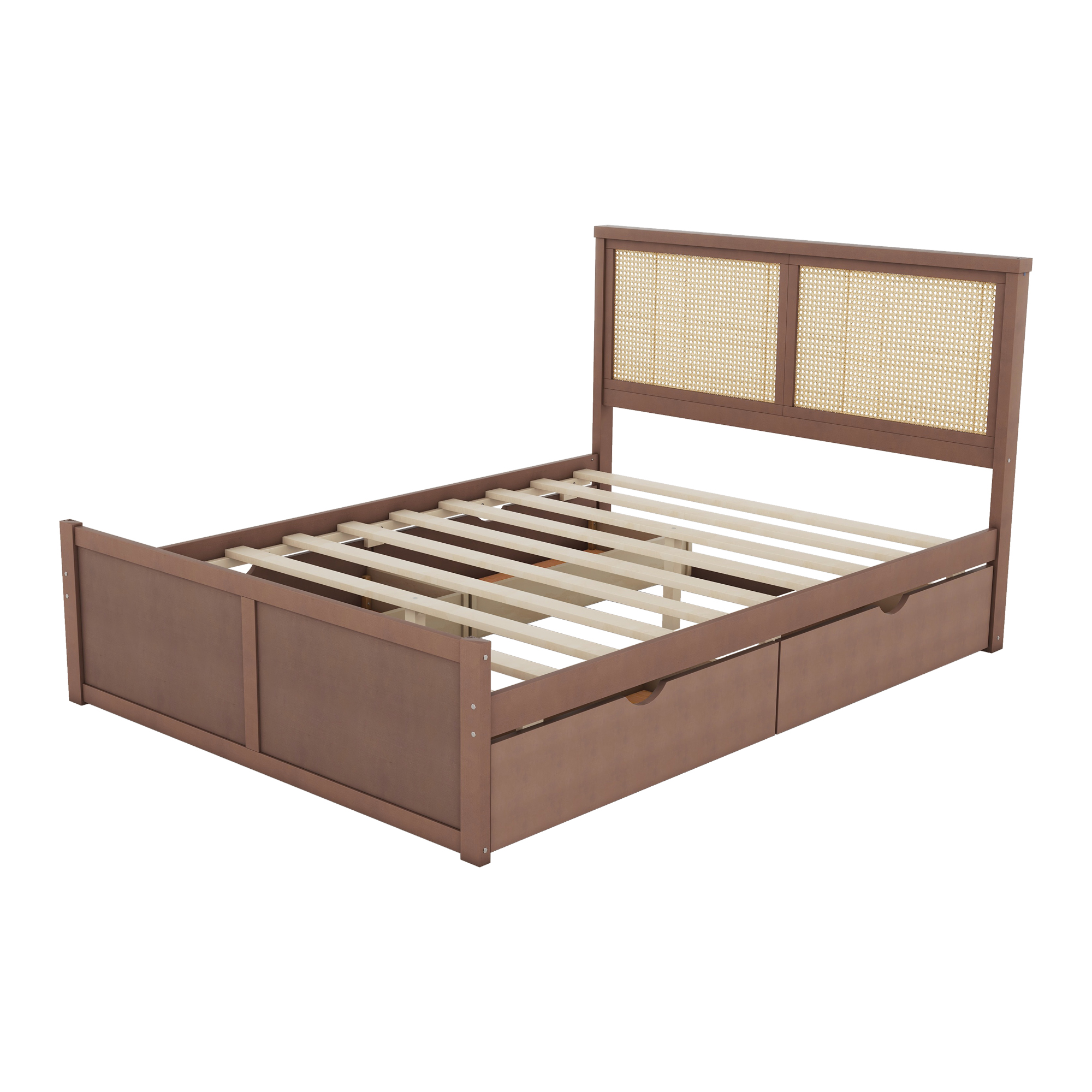 Queen/Full Size Wood Storage Platform Bed with 4 Drawers, Rattan Headboard, Espresso/Nature 