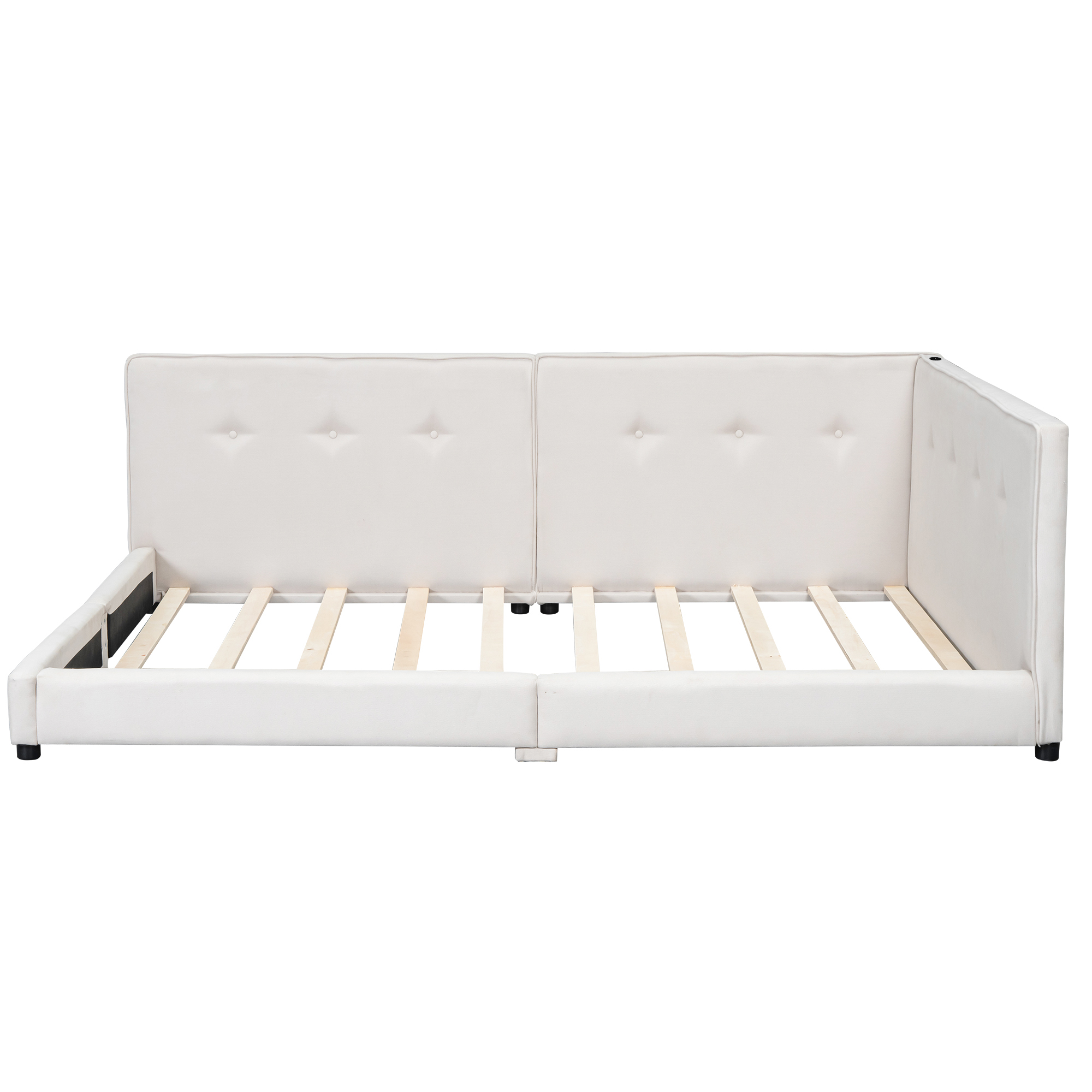 Upholstered Full/Queen Size platform bed with USB Ports, Beige 