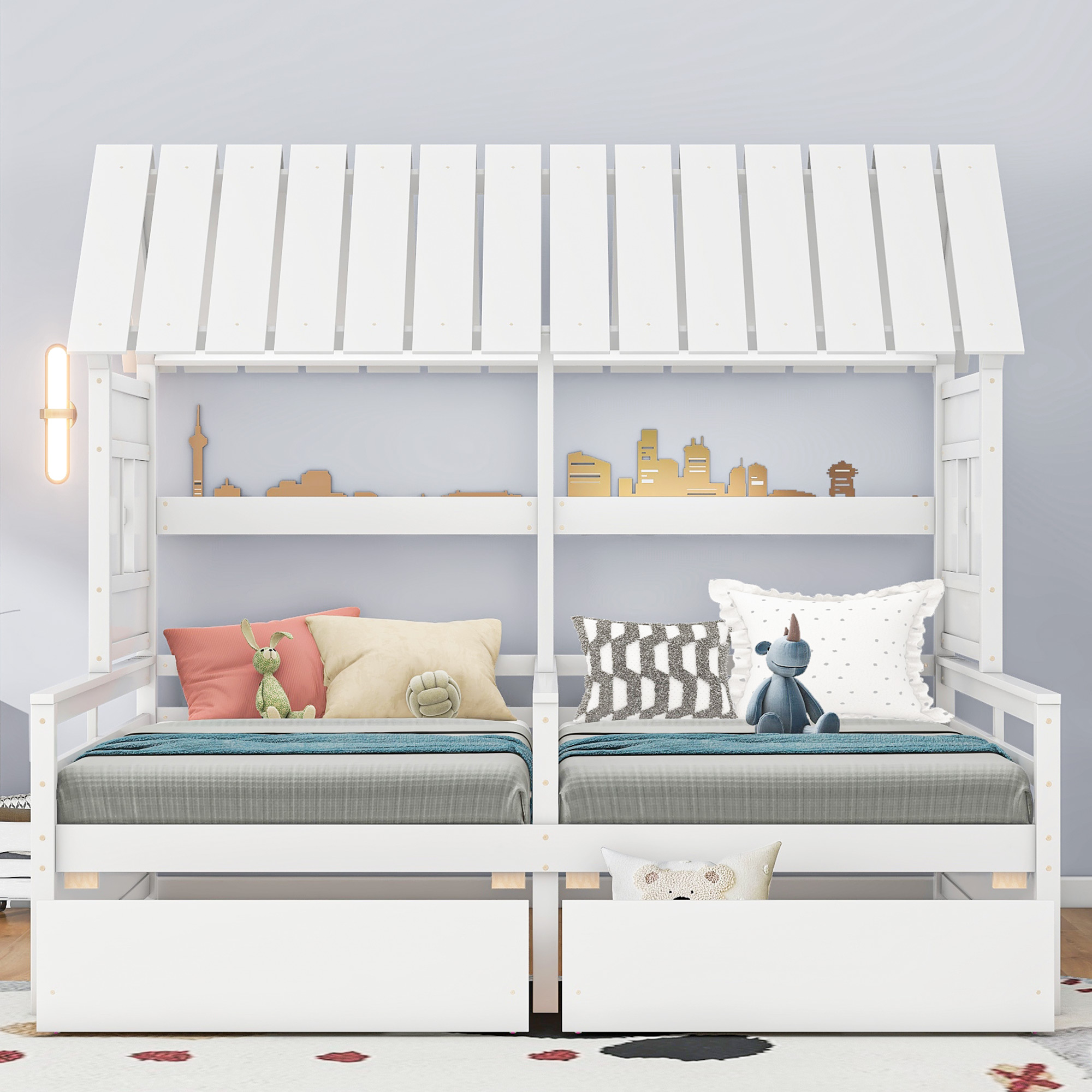 Twin Size House Platform Beds with Two Drawers for Boy and Girl Shared Beds, Combination of 2 Side by Side Twin Size Beds, Gray/White