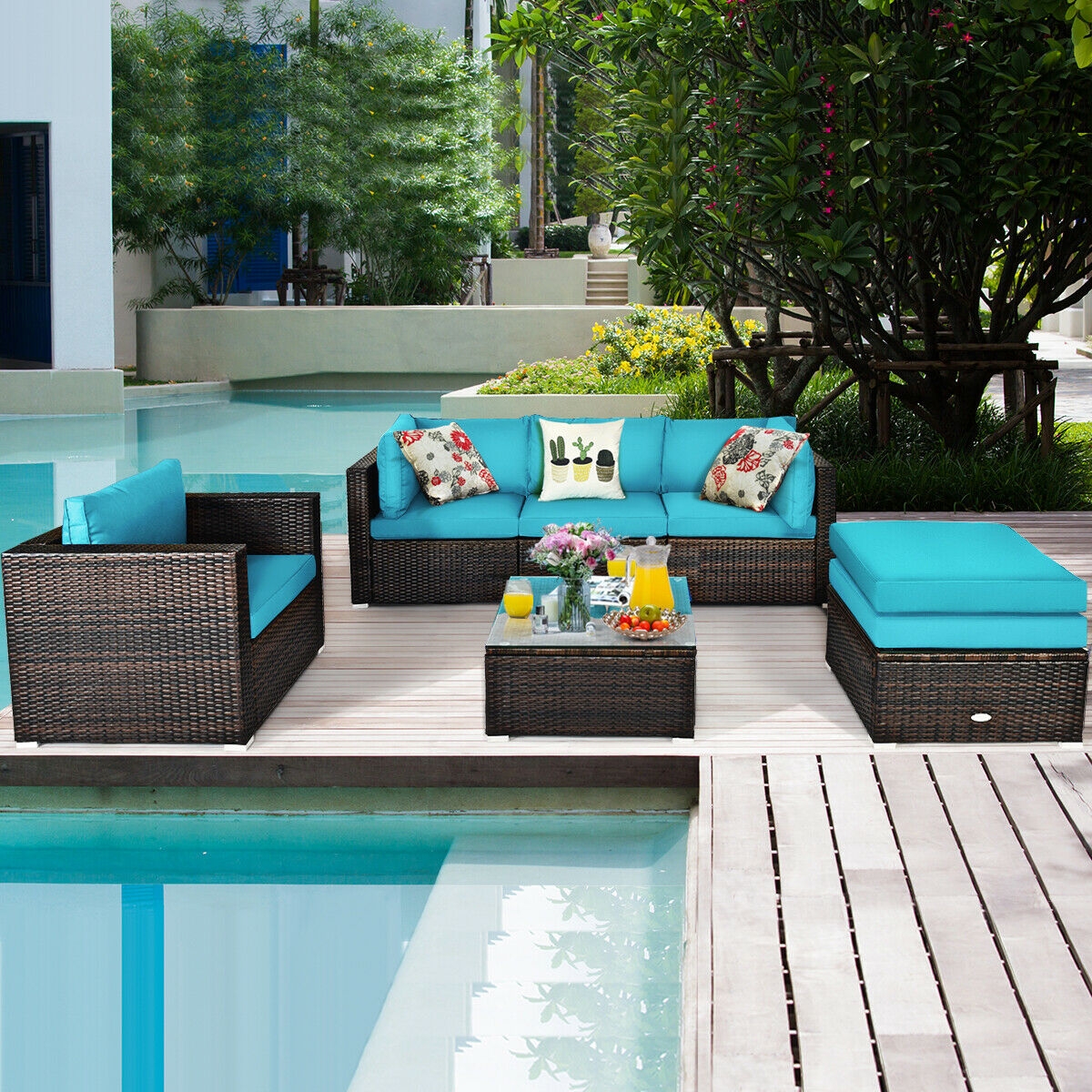 Mondawe 6 Pcs Patio Rattan Furniture Set with Sectional Cushion-Turquoise-Mondawe