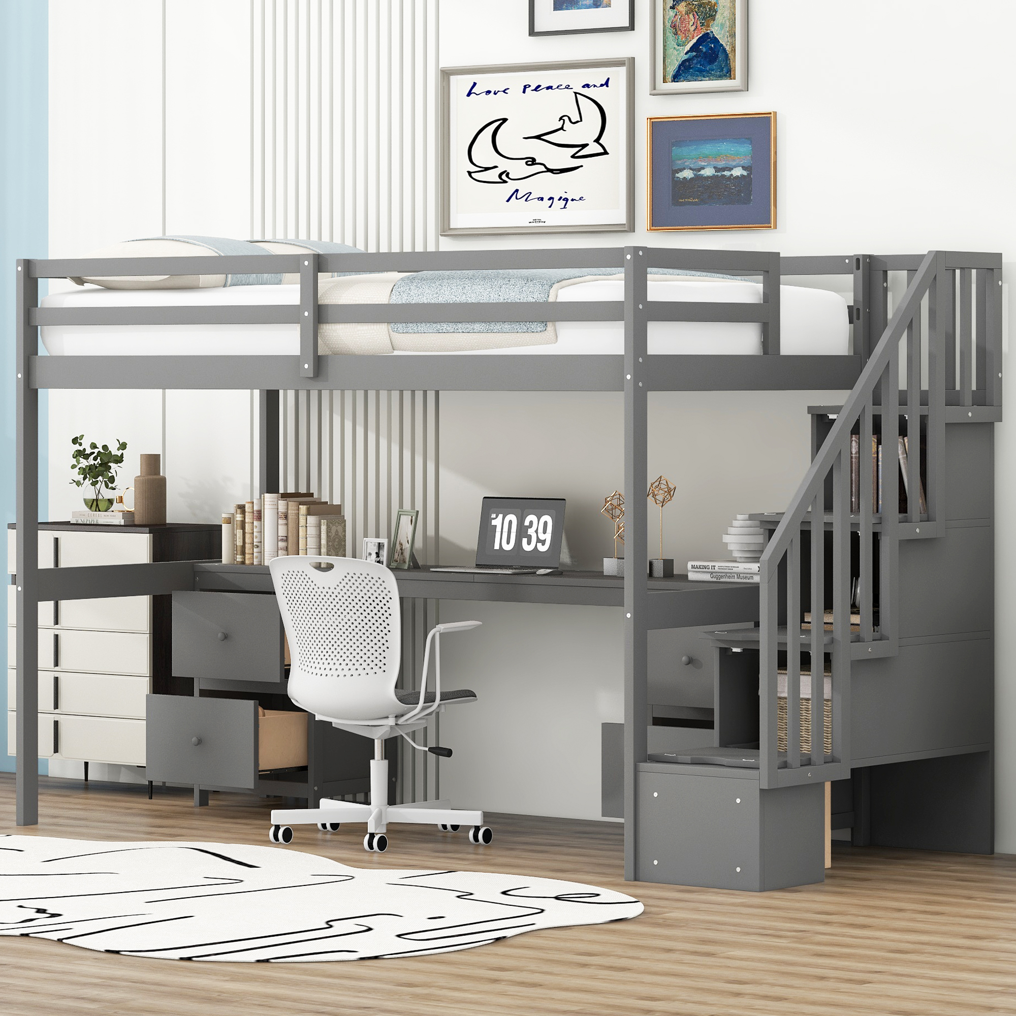 Twin Size Loft Bed Frame with Built-in Desk and Double Storage Drawers,White/Gray