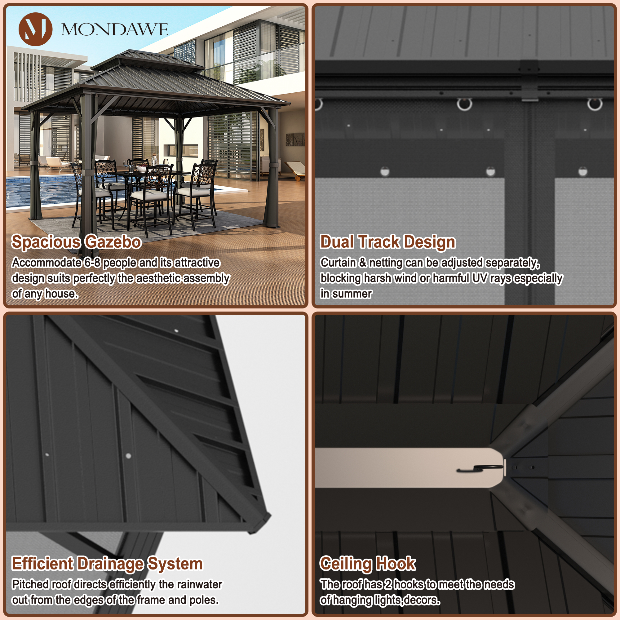 10x12 ft Double Roof Hard Top Aluminum Frame Gazebo with Netted Curtains-Mondawe