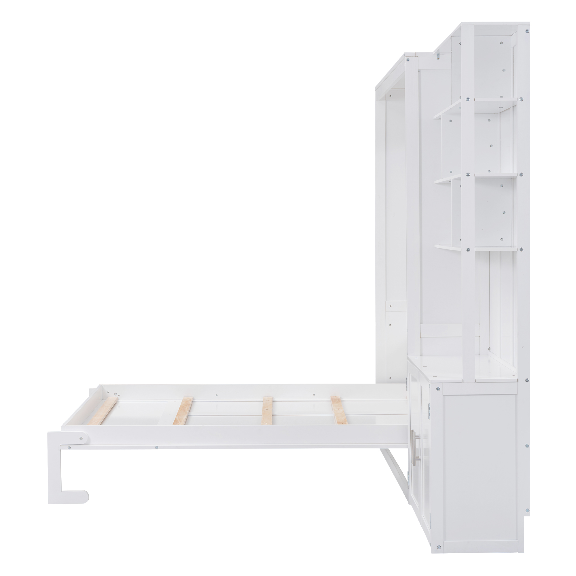 Full Size Murphy Bed with Multiple Storage Shelves and A Cabinet, White 