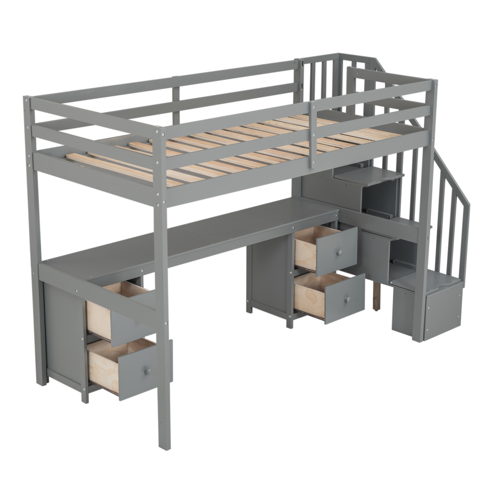 Twin Size Loft Bed Frame with Built-in Desk and Double Storage Drawers,White/Gray