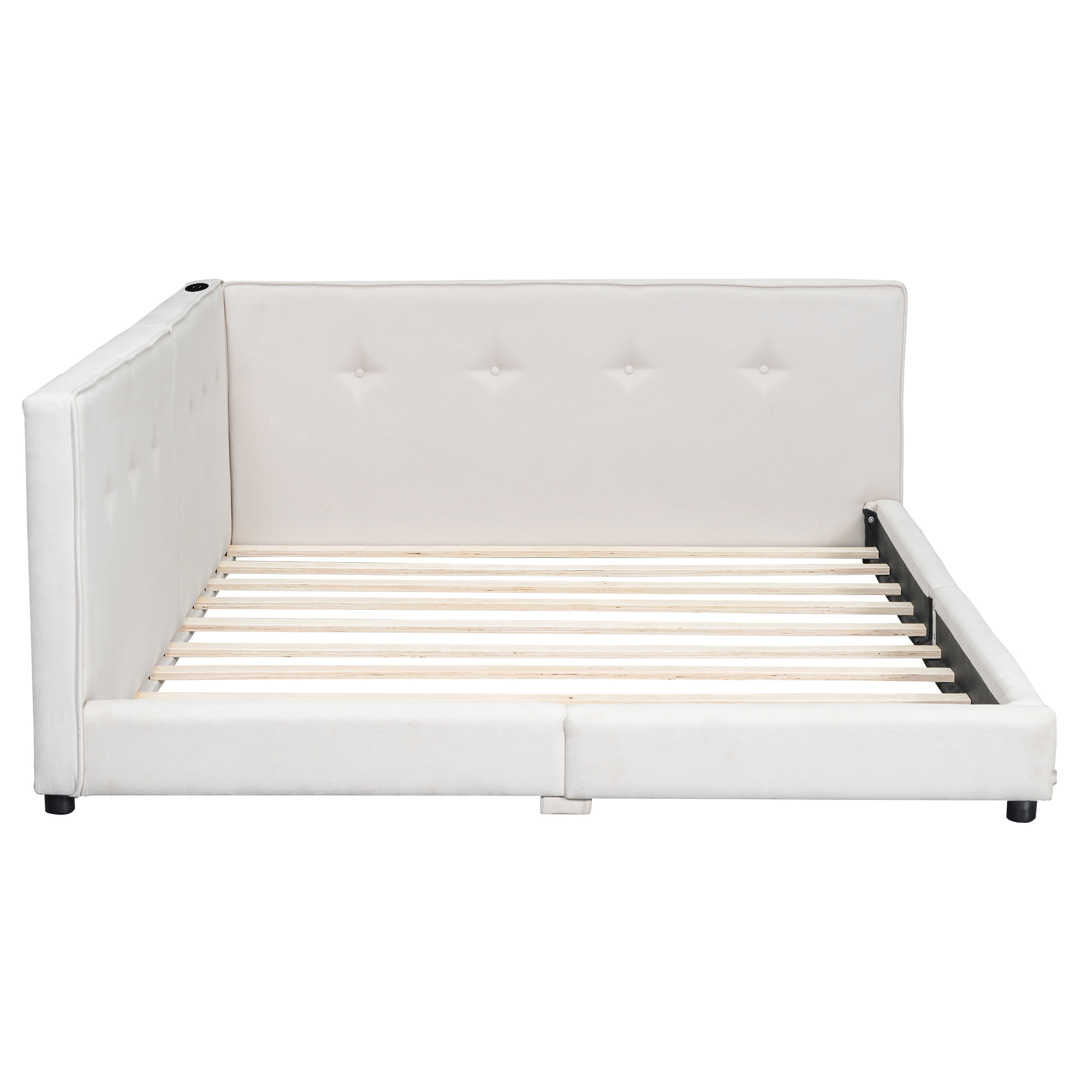 Upholstered Full/Queen Size platform bed with USB Ports, Beige 