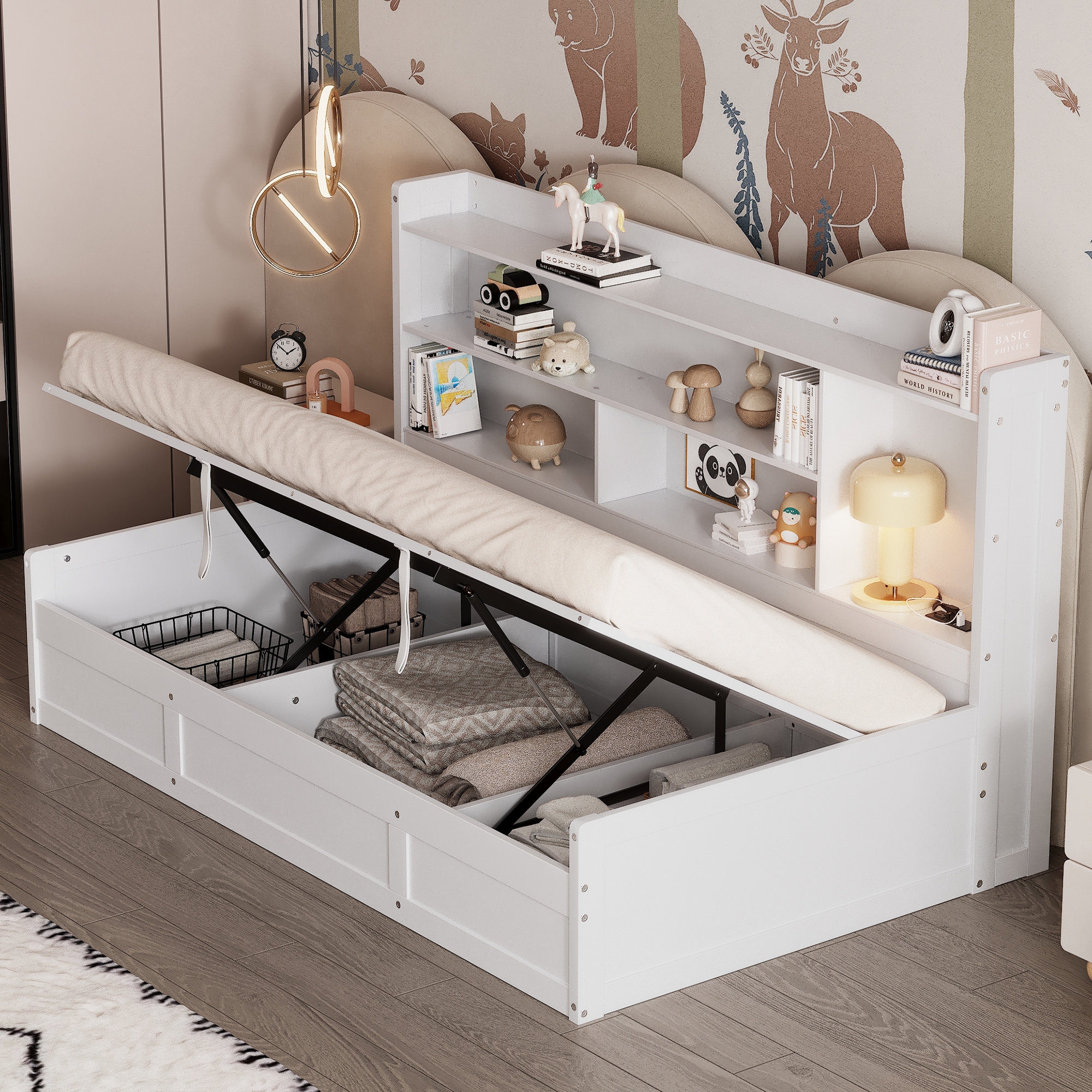 Twin Size Daybed Frame with Storage Bookcases and Underneath Storage, USB Charging Station, White/Gray 