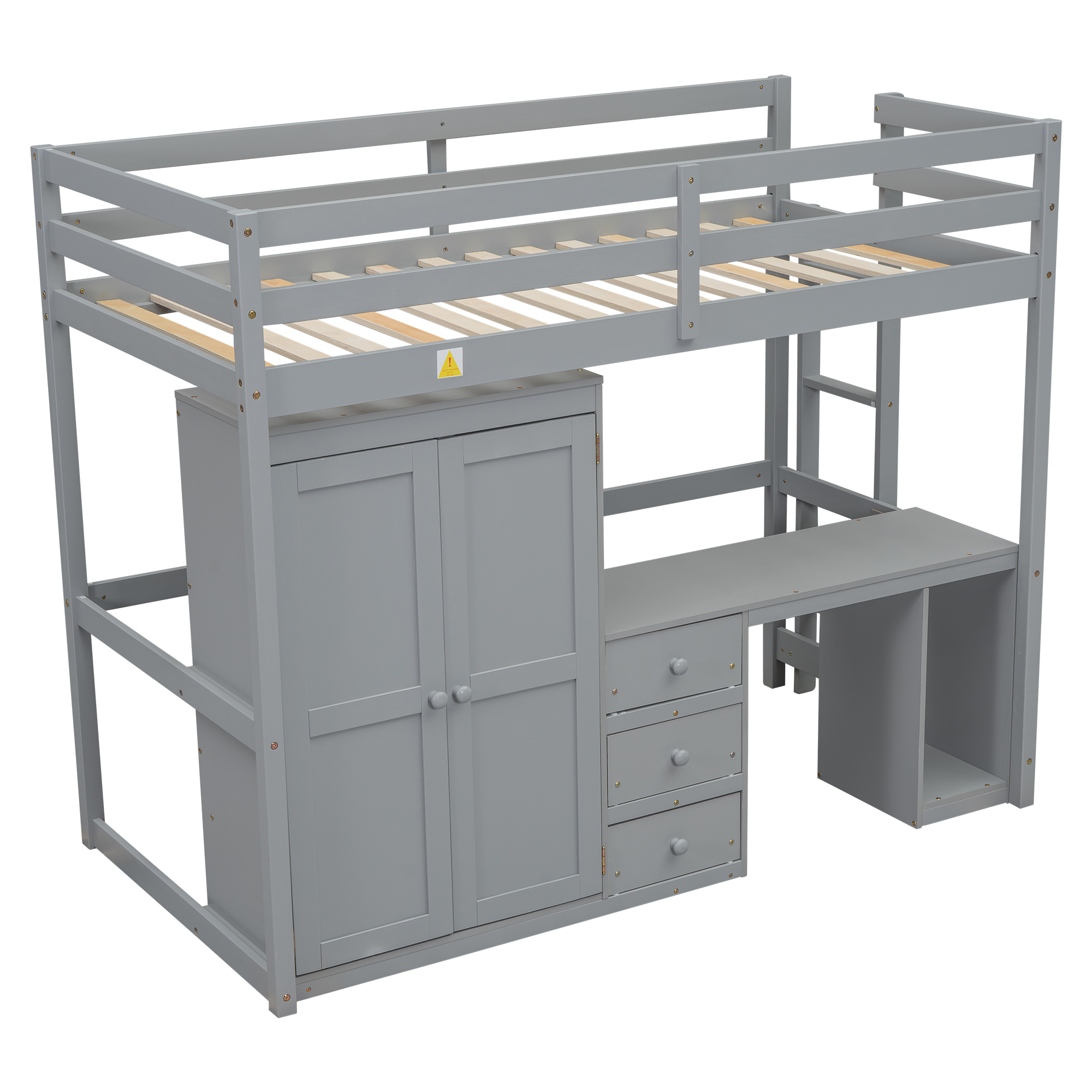 Full/Twin Size Loft Bed with Wardrobe, Desk and Storage Drawers, Gray/White